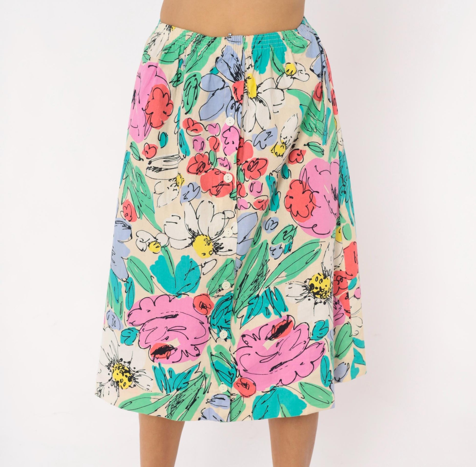 90s Floral Button Front Midi Skirt Cream Watercolor Cotton Small