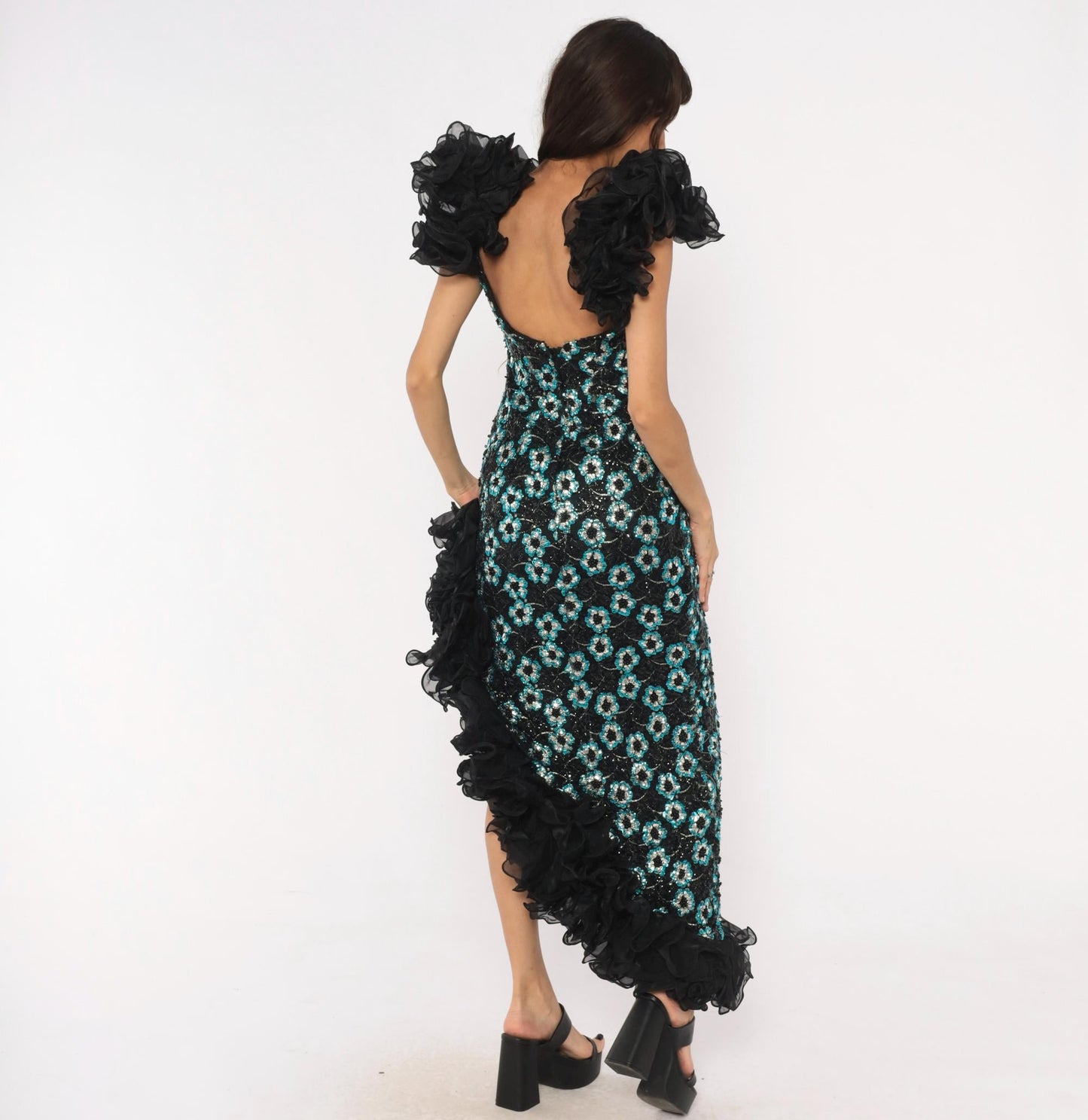 80s Alyce Designs Black Sequin Maxi Gown Teal Silver Floral Small