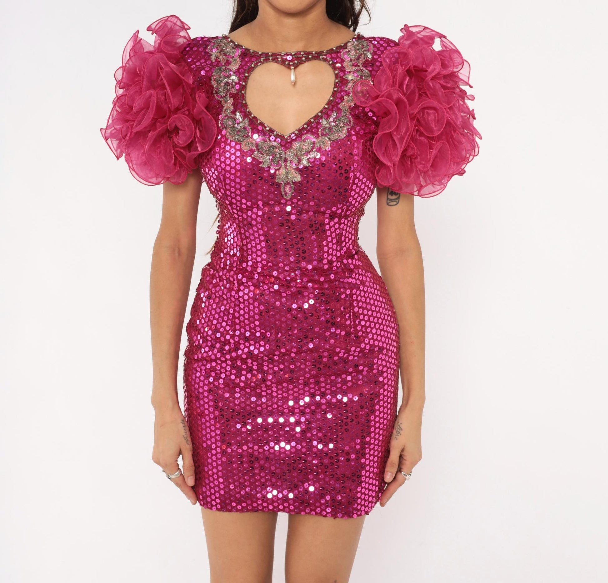80s Fuchsia Sequin Mini Dress Heart Cutout Puff Sleeve Beaded Extra Small