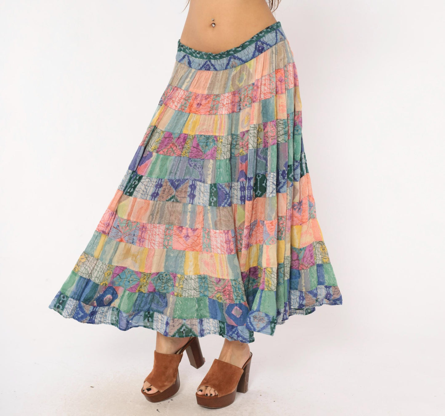 90s Bila California Patchwork Batik Maxi Skirt Tiered Gauze Large