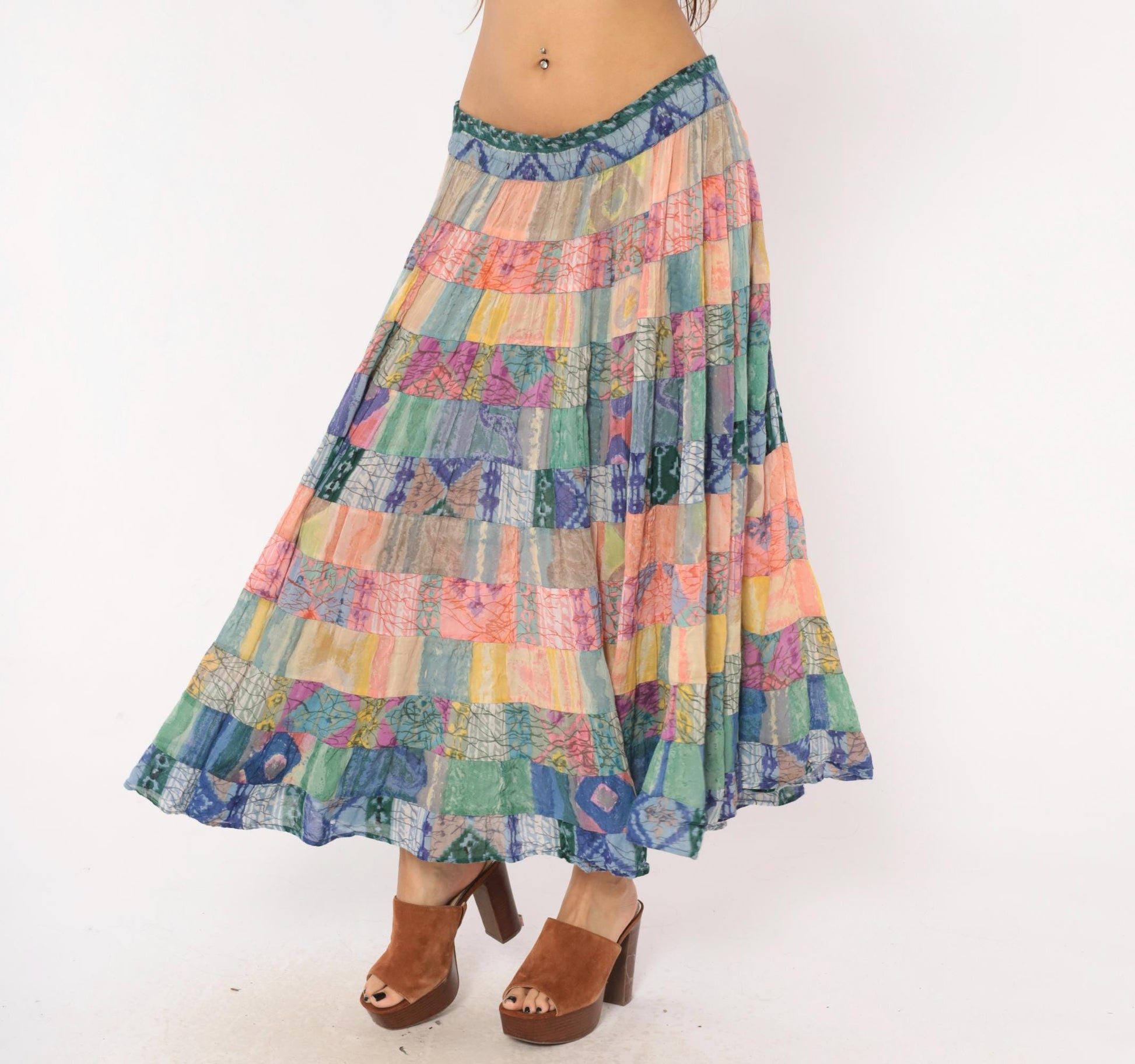 90s Bila California Patchwork Batik Maxi Skirt Tiered Gauze Large