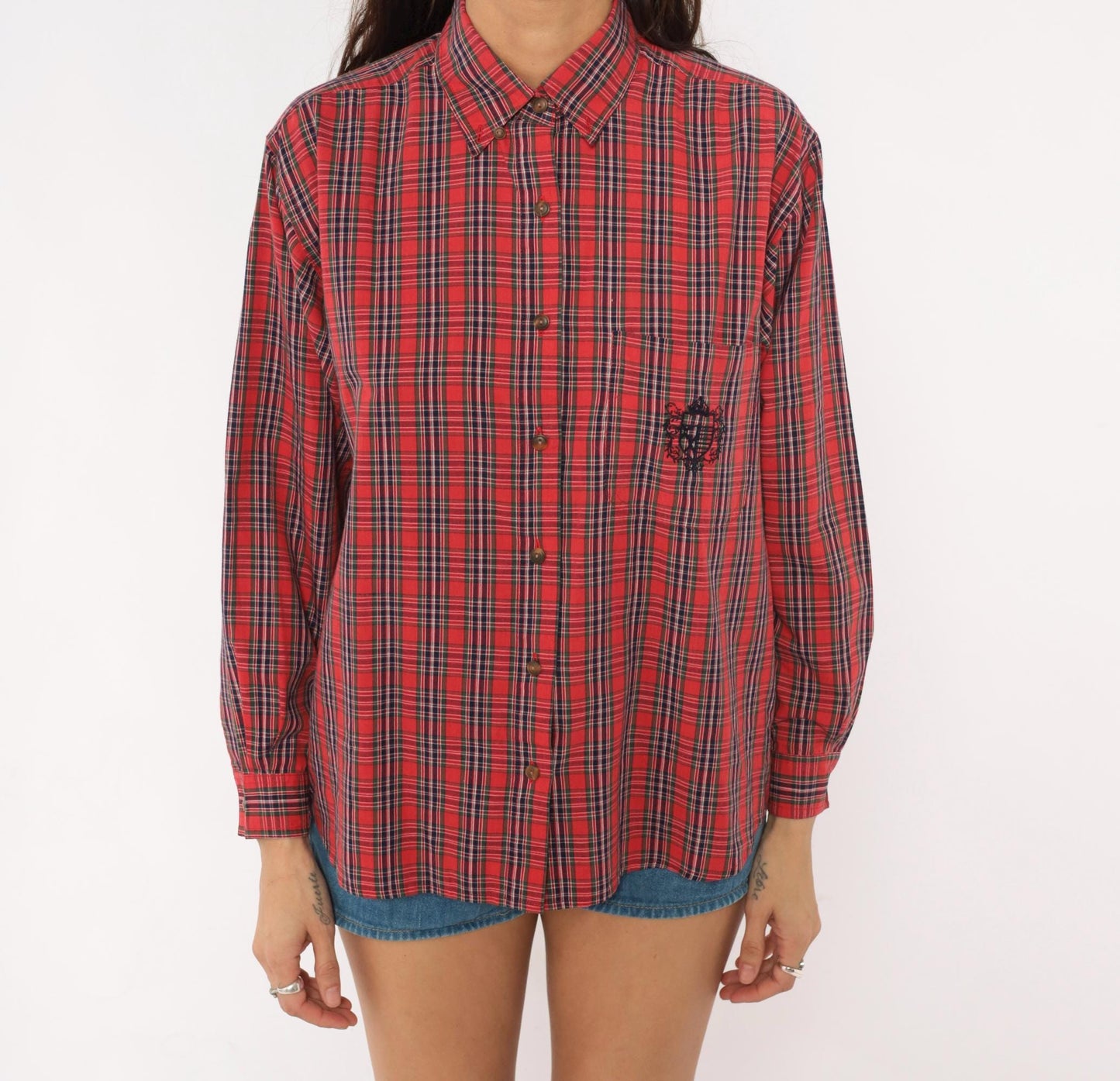 80s Karen Scott Tartan Plaid Button-Up Shirt Red Navy Embroidered Small