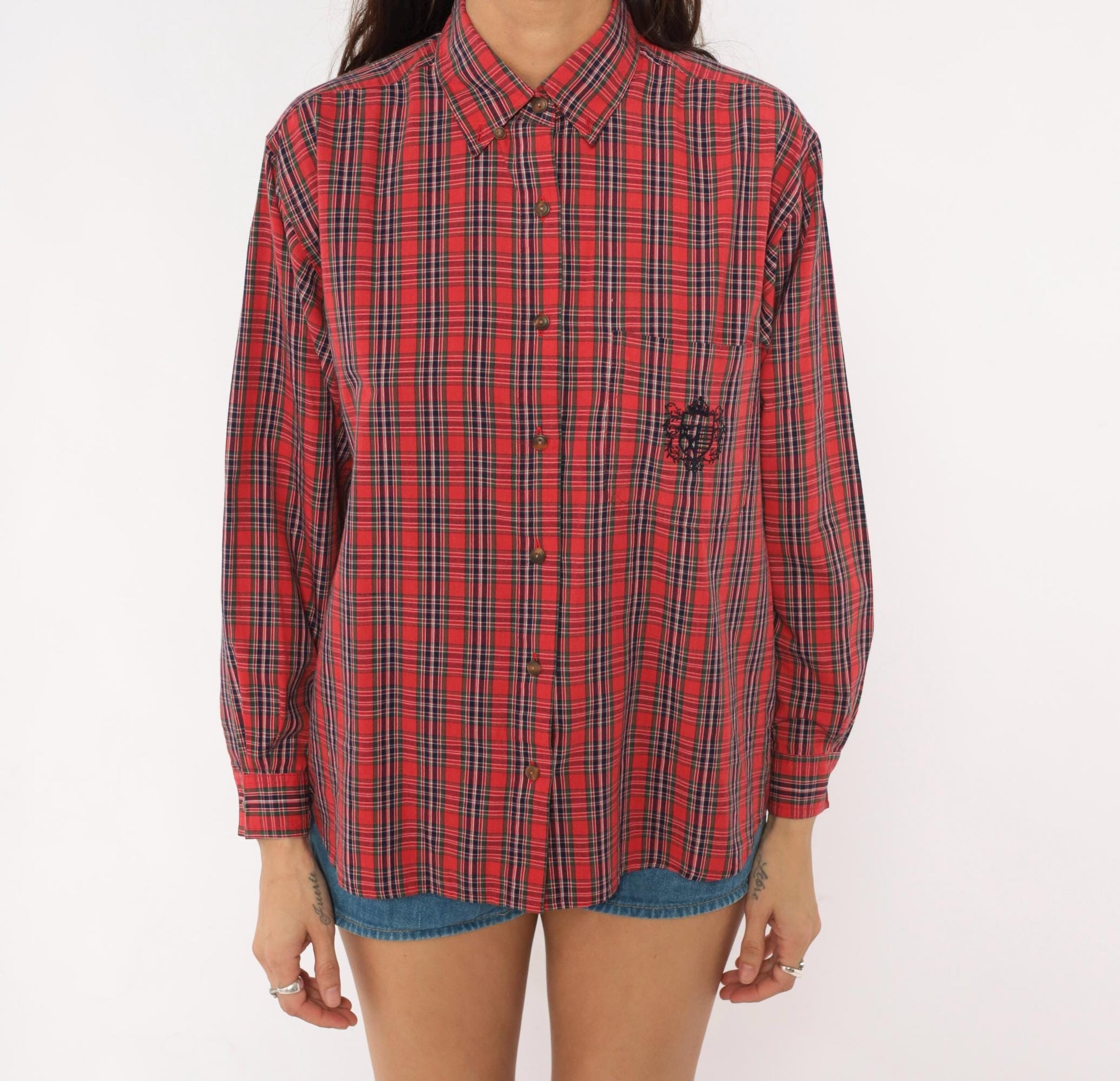 80s Karen Scott Tartan Plaid Button-Up Shirt Red Navy Embroidered Small