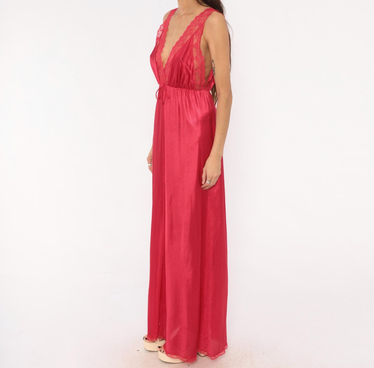 70s JCPenney Raspberry Nylon Nightgown Robe Set Deep V Lace Medium