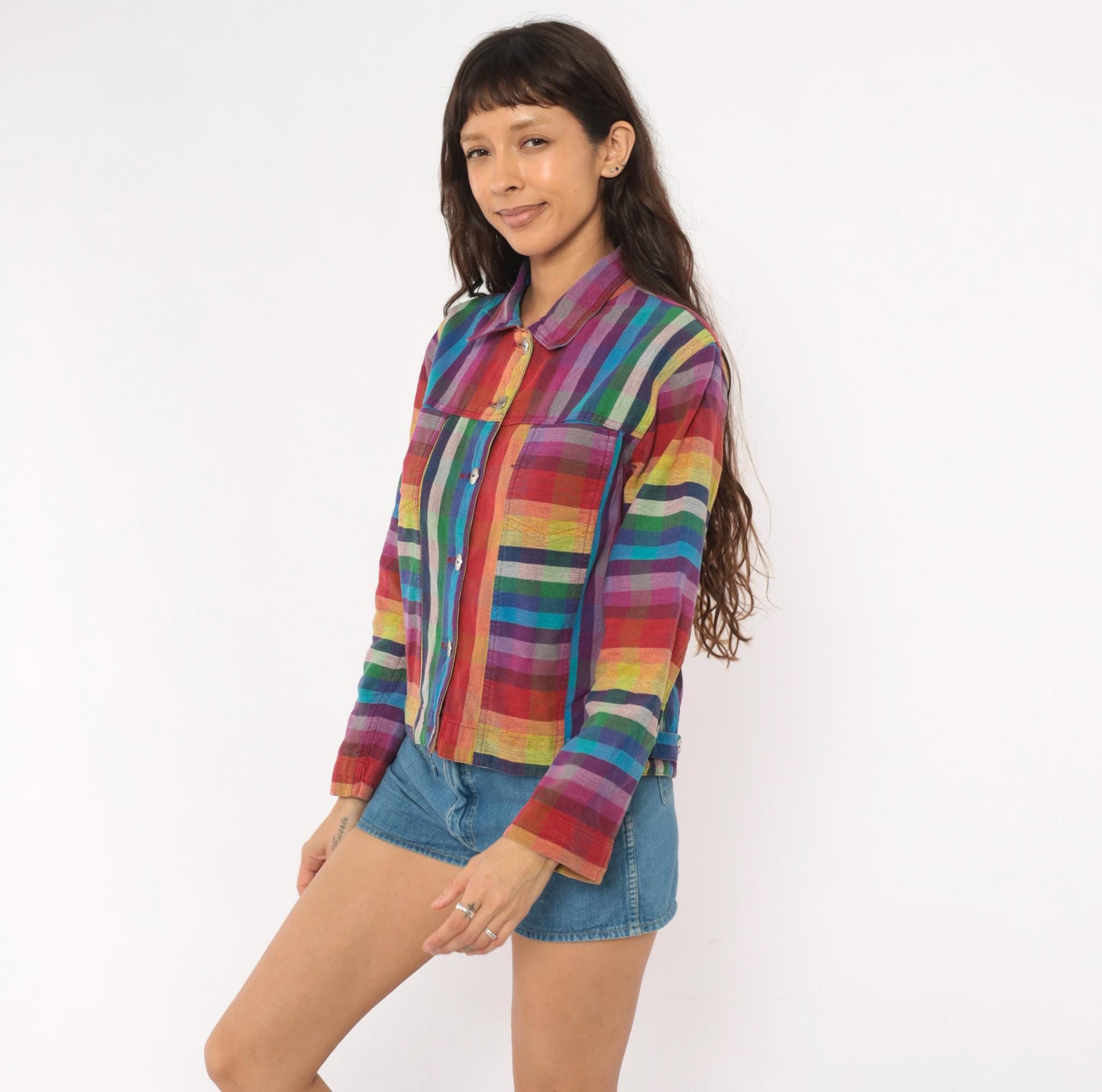Y2K Chico's Design Rainbow Plaid Cropped Jacket Cotton Small S