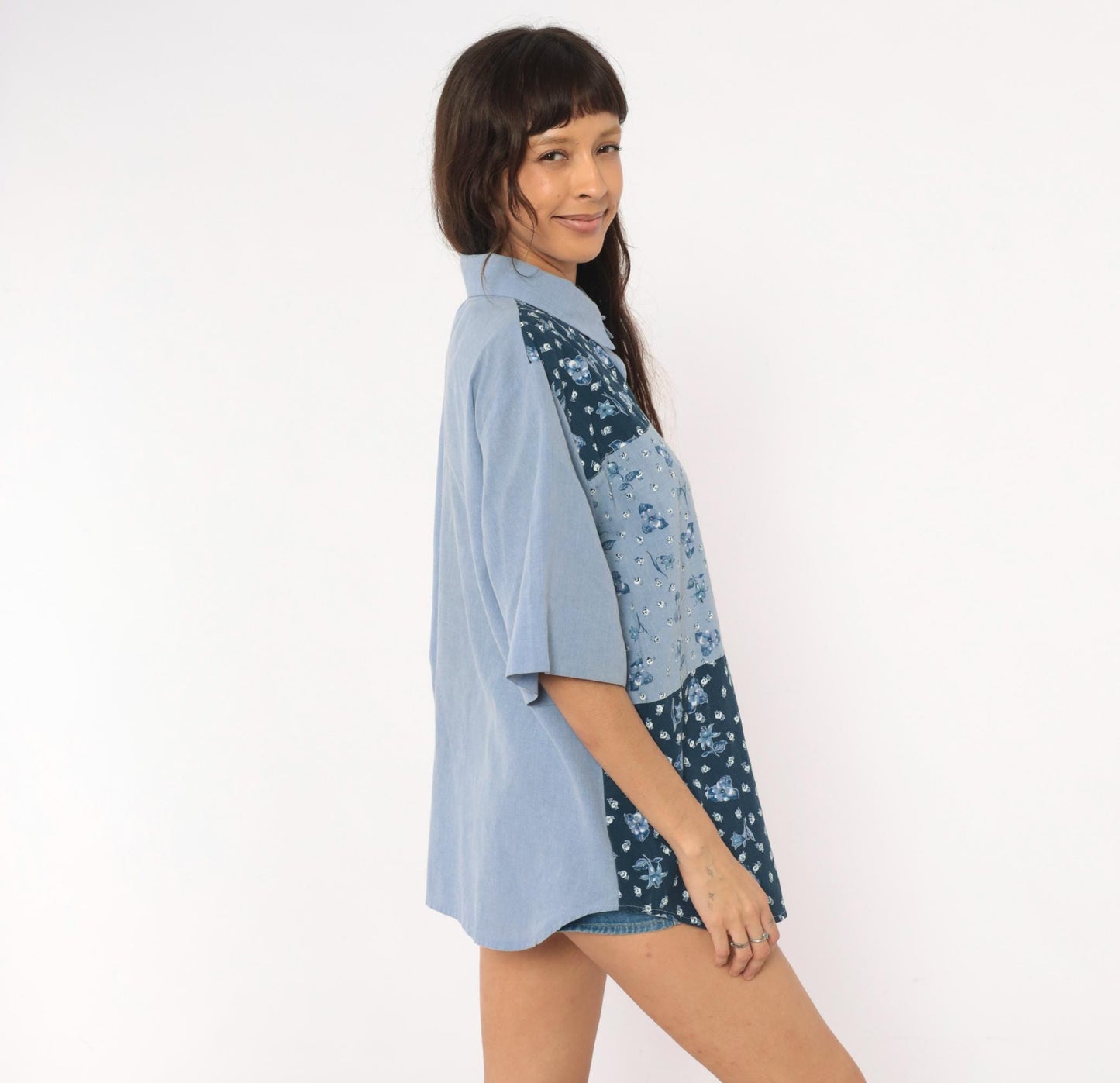 90s Tapestry Patchwork Floral Button-Up Shirt Blue Navy Cotton Blend Extra Large