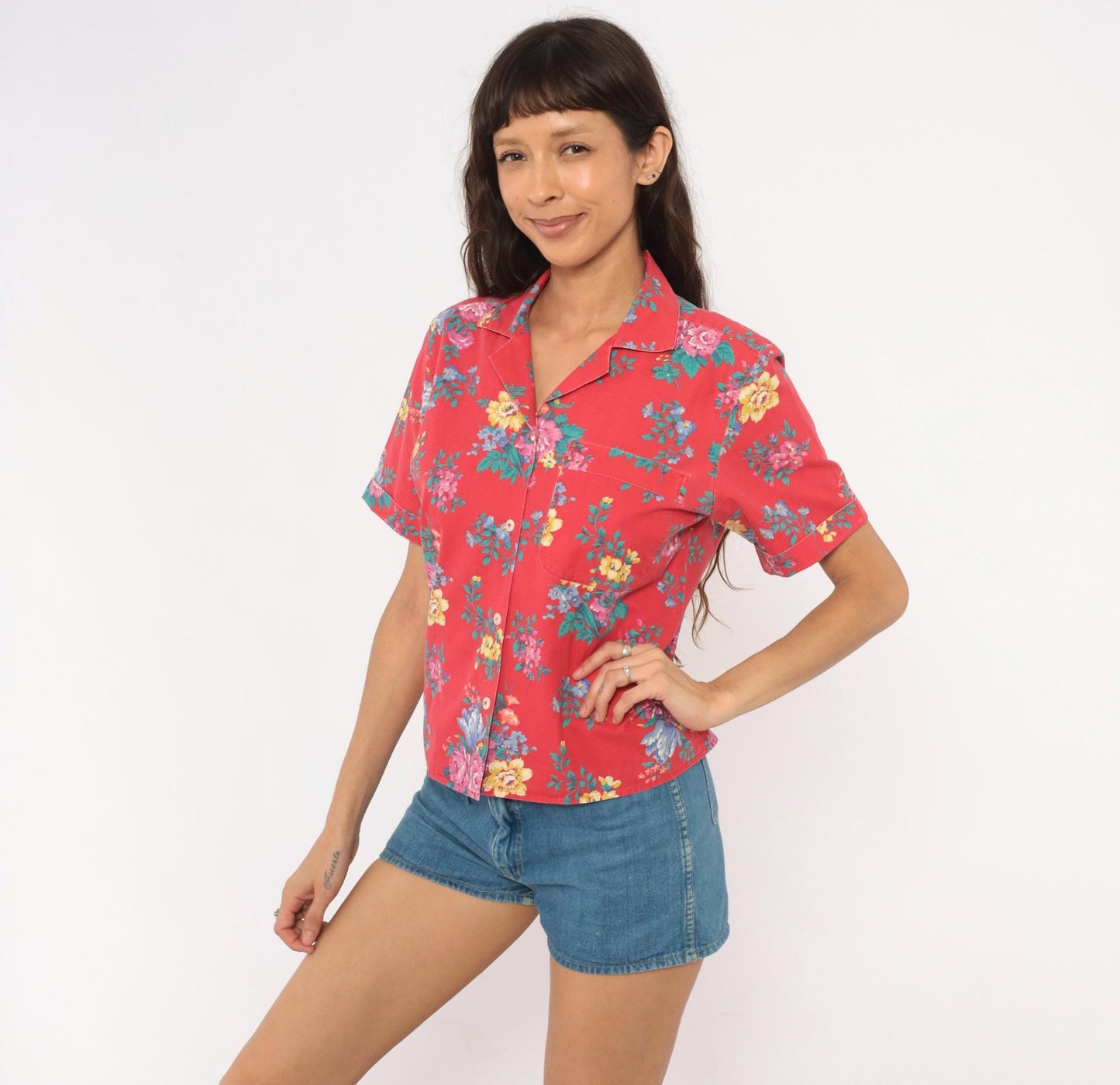 90s Bentley Arbuckle Floral Button-Up Camp Shirt Red Cotton Small