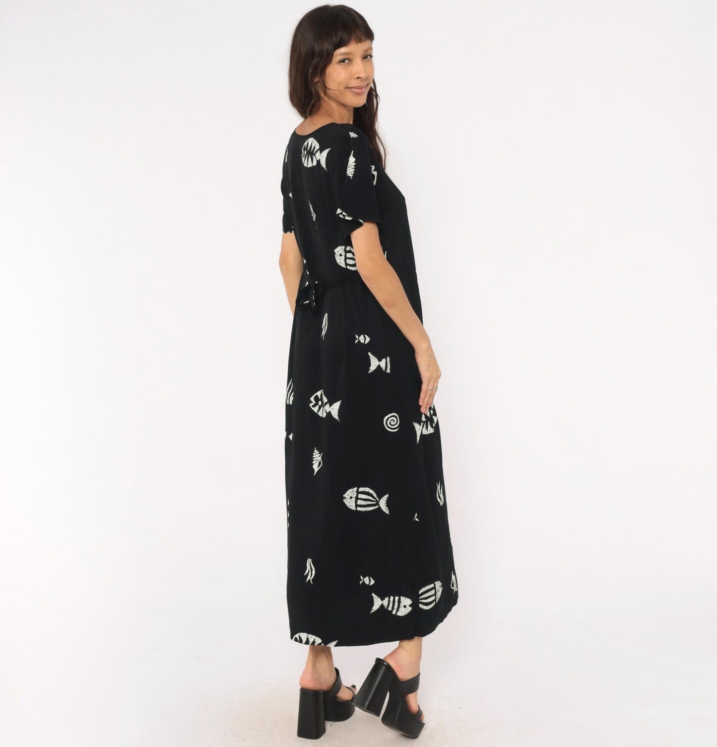 90s Connie Choi Fish Print Maxi Dress Black White Sea Life Large L