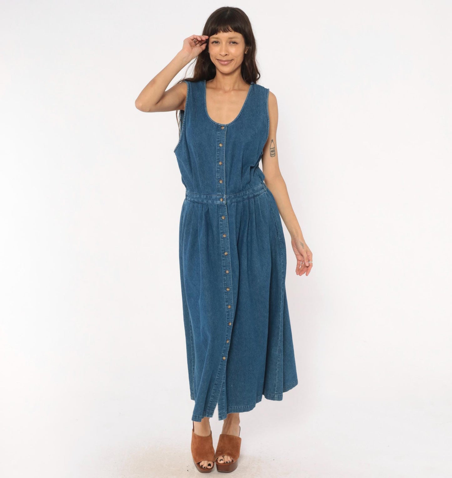 90s Eddie Bauer Denim Maxi Dress Sleeveless Button Front Blue Cotton Large L