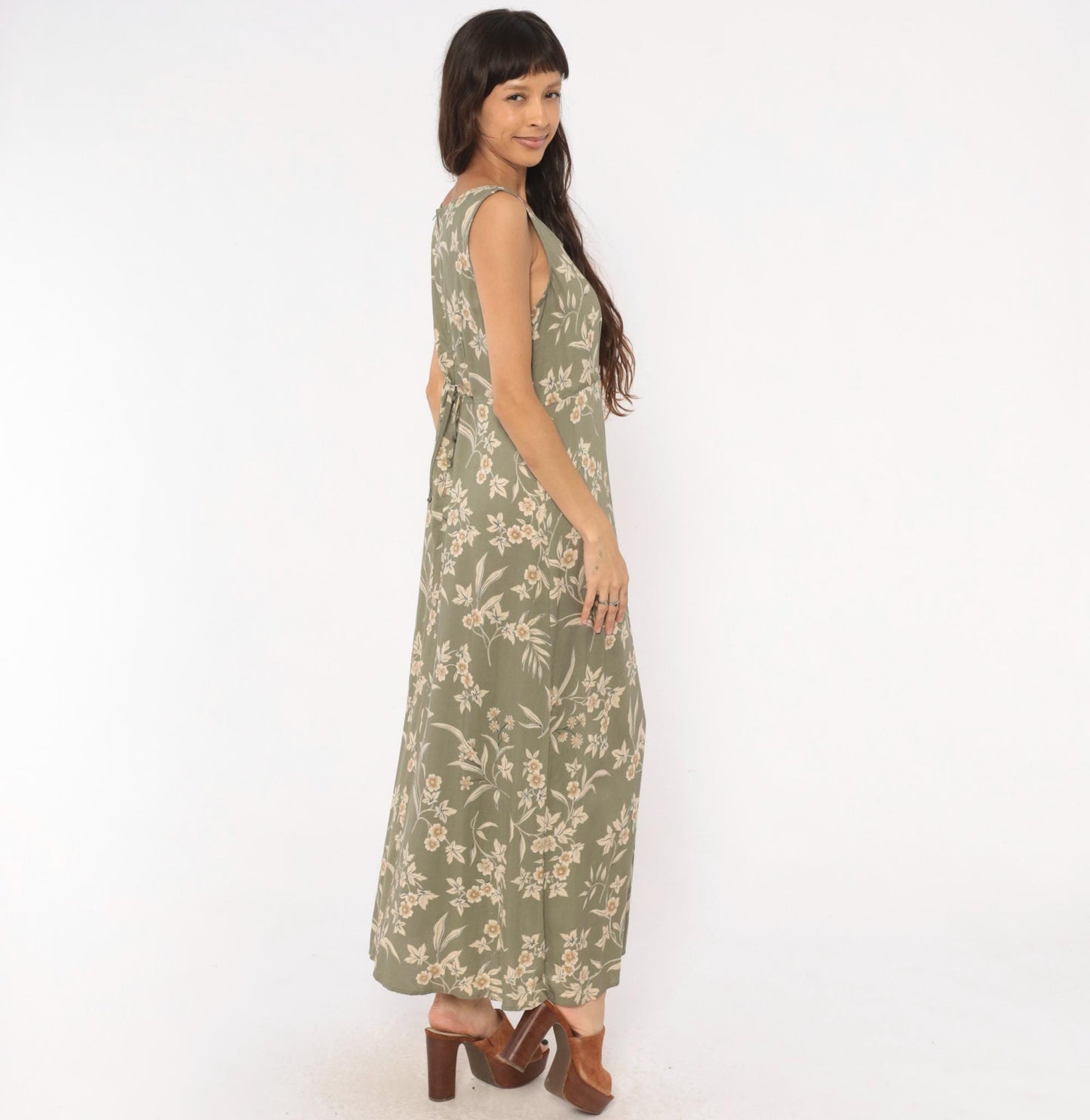 90s Kathie Lee Olive Floral Maxi Dress Cream Botanical Fitted Waist Large L