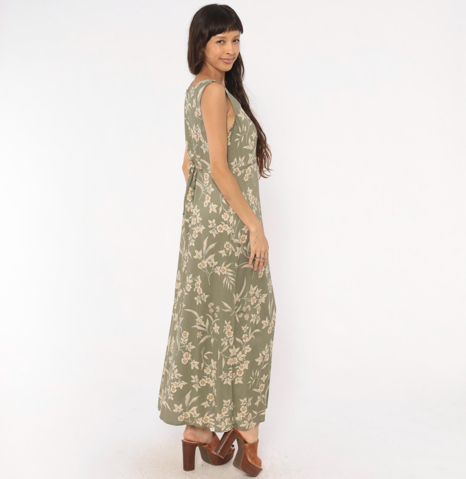 90s Kathie Lee Olive Floral Maxi Dress Cream Botanical Fitted Waist Large L