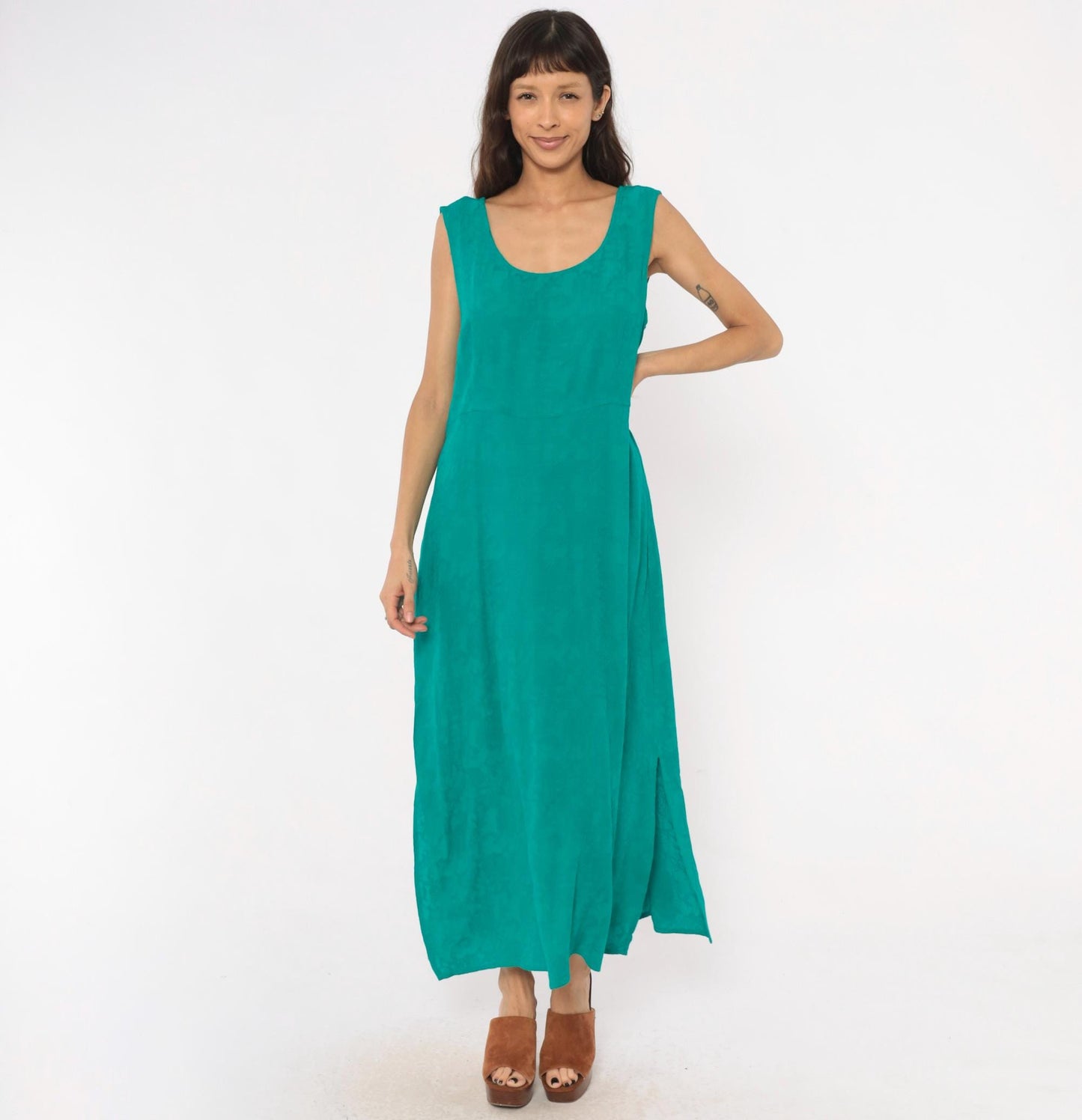 90s Karin Stevens Teal Maxi Dress Sleeveless Empire Waist Ankle Length Large L