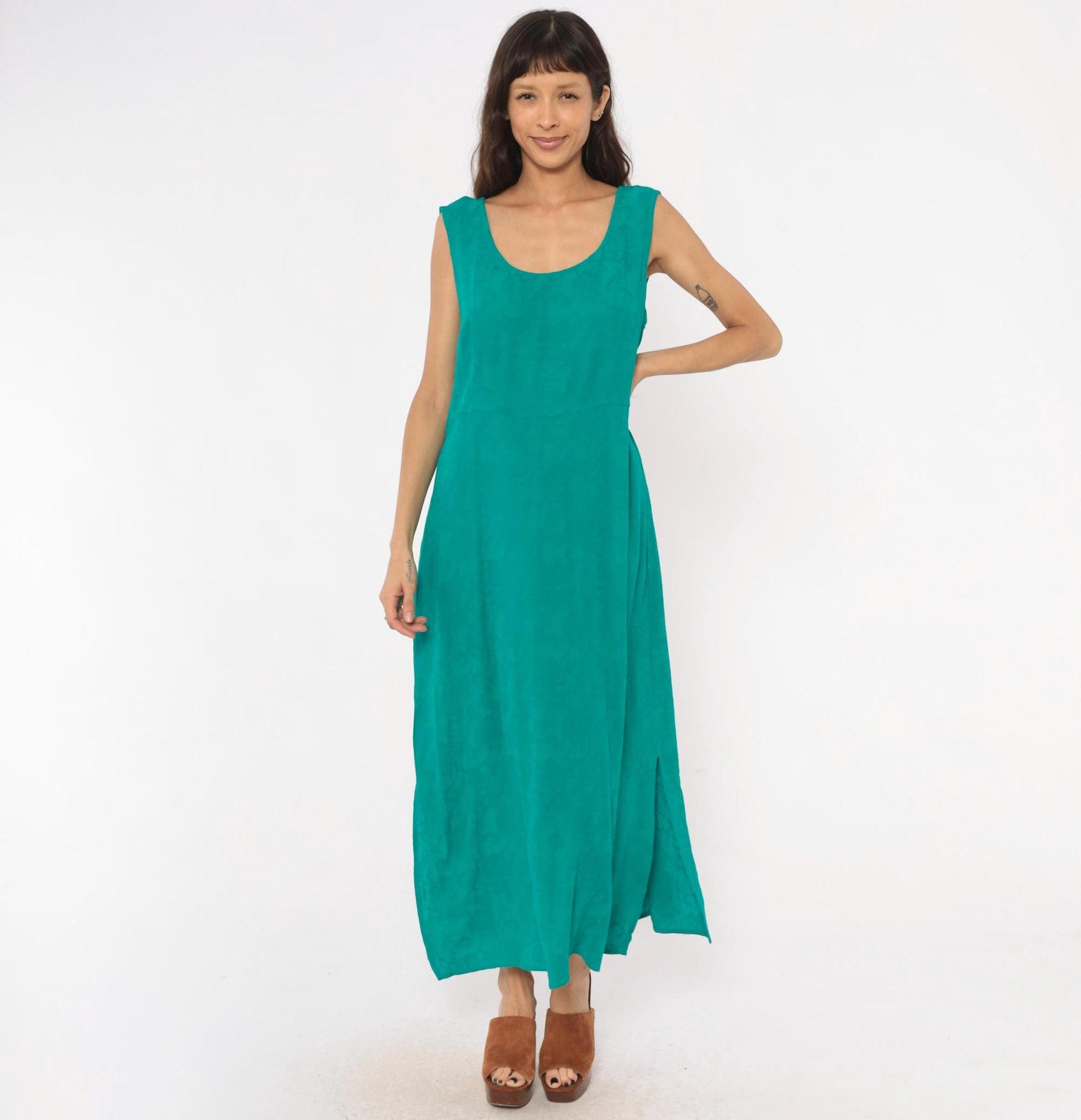 90s Karin Stevens Teal Maxi Dress Sleeveless Empire Waist Ankle Length Large L