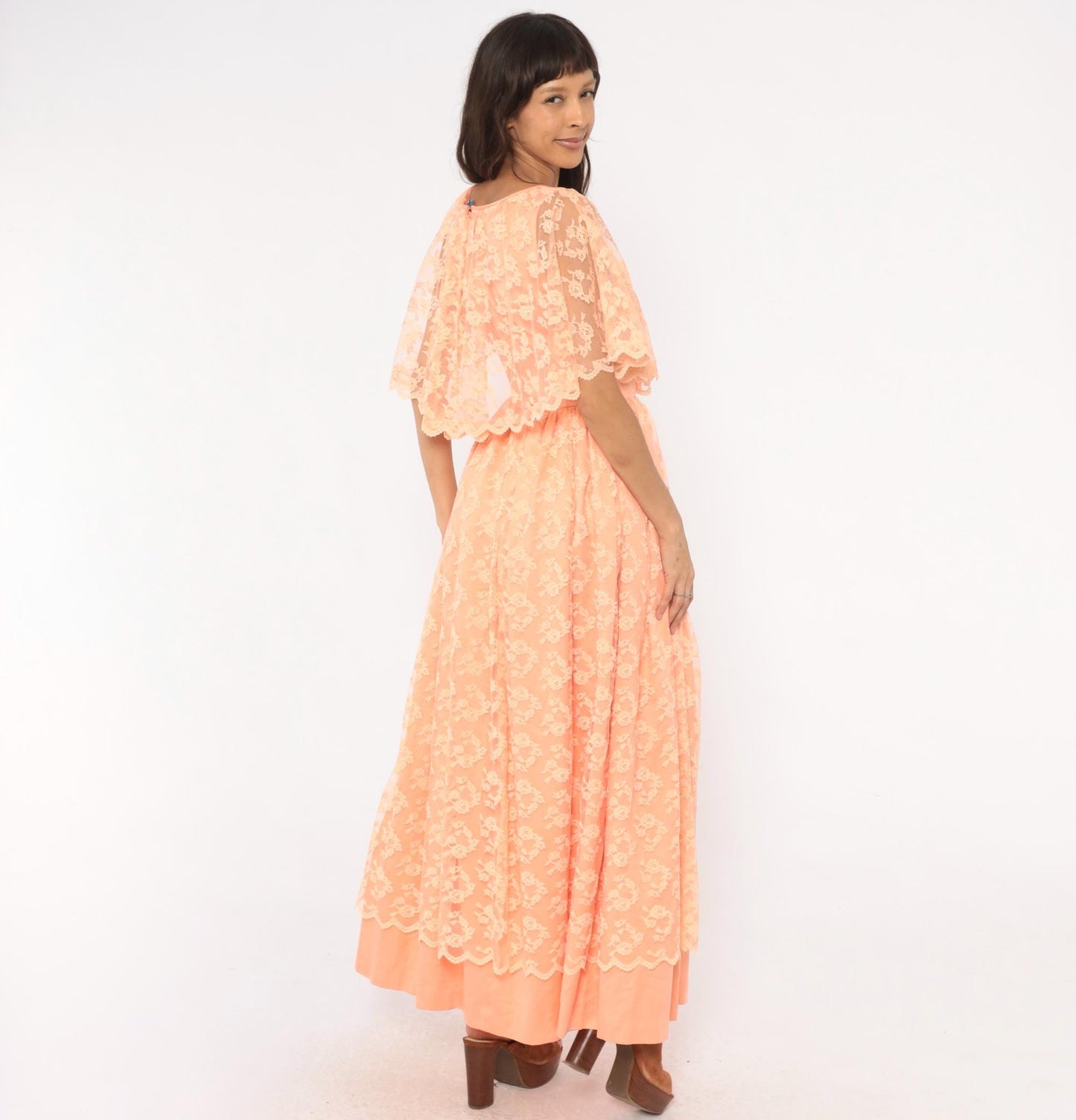 70s Peach Lace Maxi Dress Flutter Cape Sleeve Floral Overlay Small