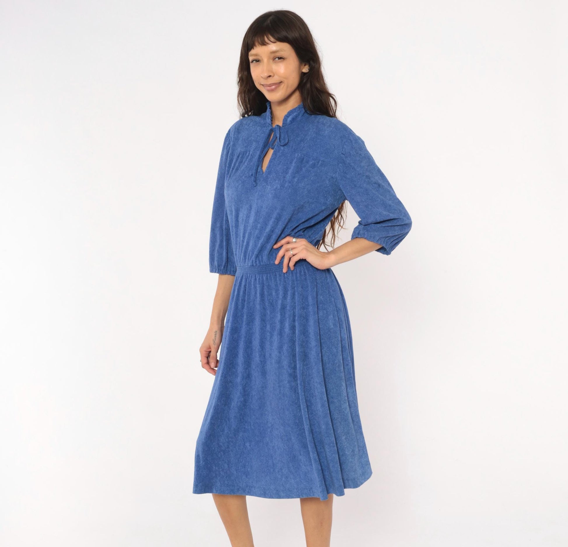 1970s Cobalt Terry Cloth Midi Dress Puff Sleeve – Shopexile