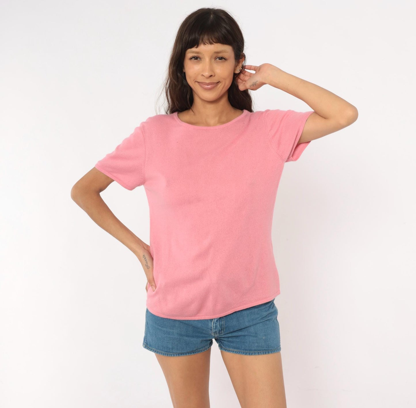 Y2K Rose Silk Cashmere Knit Tee Pink Scoop Neck Short Sleeve Large L