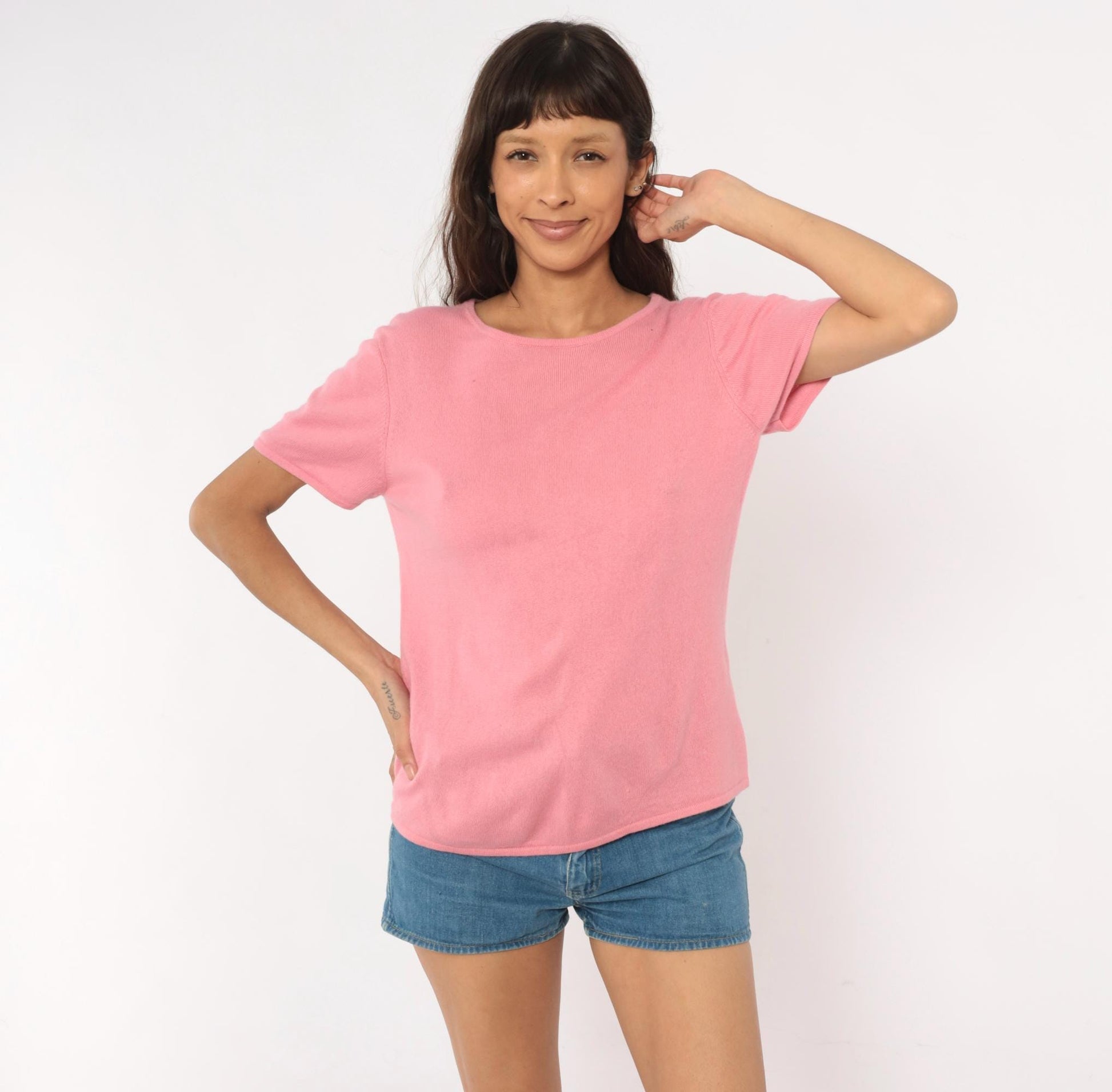 Y2K Rose Silk Cashmere Knit Tee Pink Scoop Neck Short Sleeve Large L