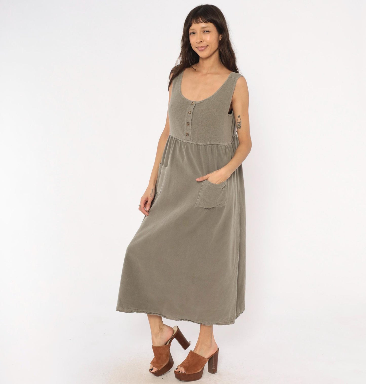 90s Cotton Stuff Classics Maxi Dress Grey Sleeveless Button Front Large L