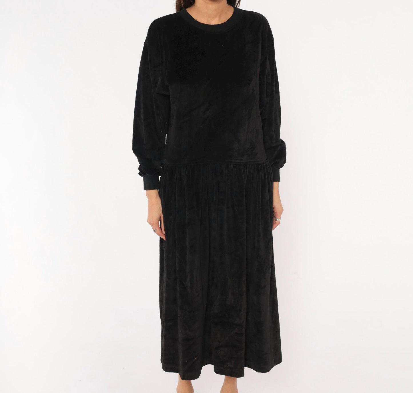 90s Lizsport Black Velvet Midi Dress Drop Waist Pockets Large L