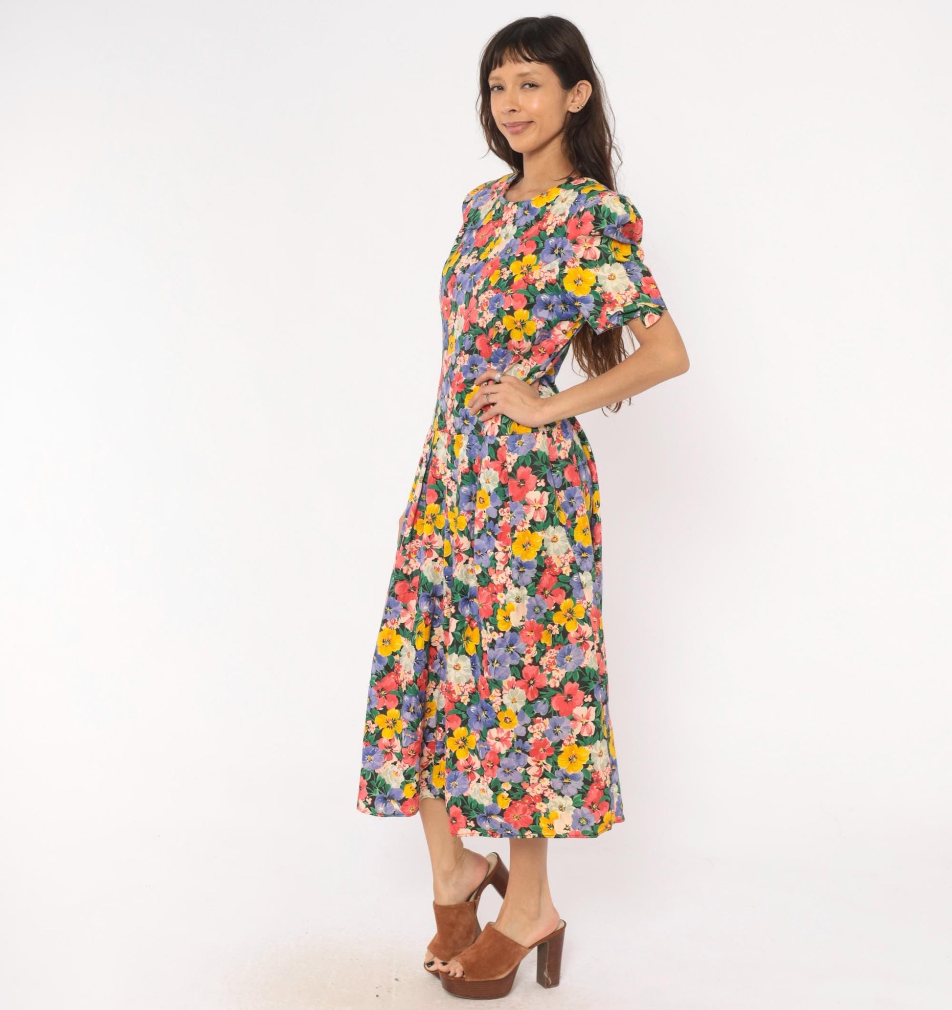 90s Kwai Floral Midi Dress Cutout Back Puff Sleeve Cotton Medium M