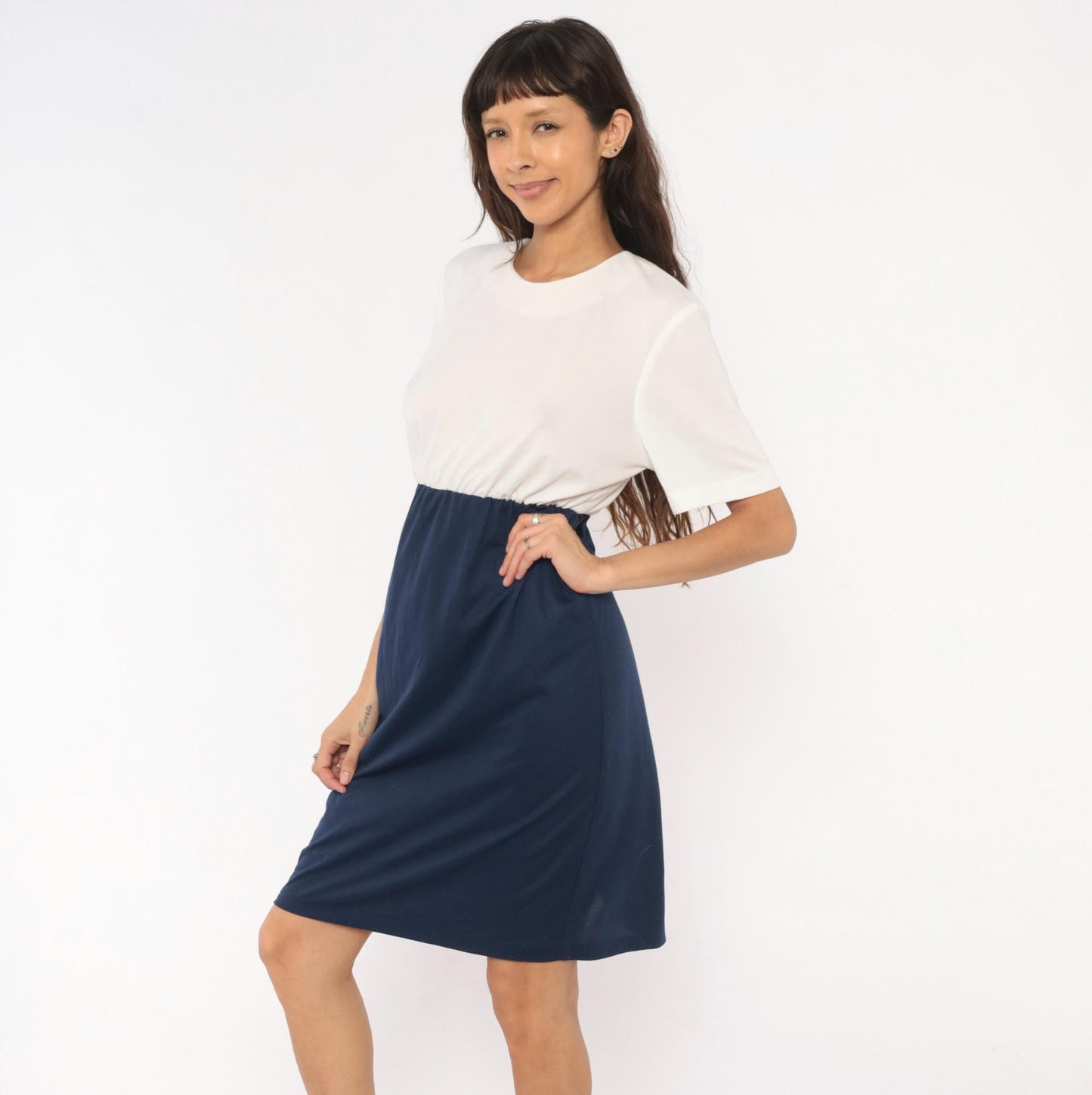 80s Navy Cream Colorblock Dress Keyhole Back Button Knee-Length Medium Large