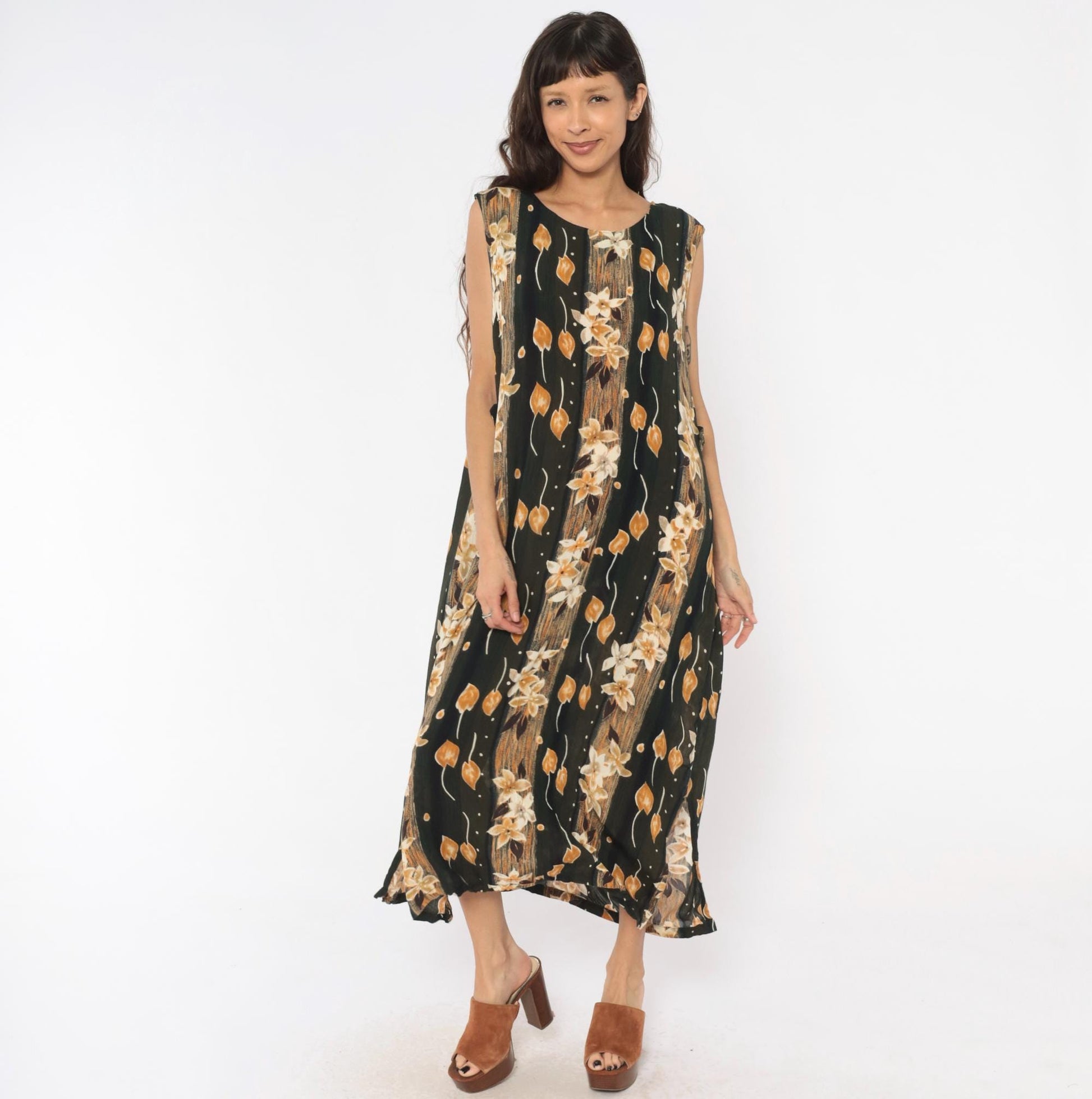 90s Sag Harbor Floral Maxi Dress Olive Green Cream Leaves Large L