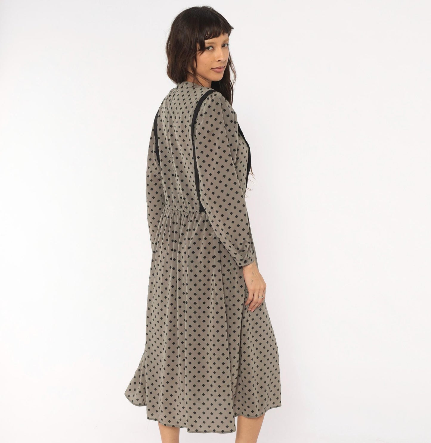 80s Donna Morgan Diamond Print Midi Dress Grey Balloon Sleeve Medium M