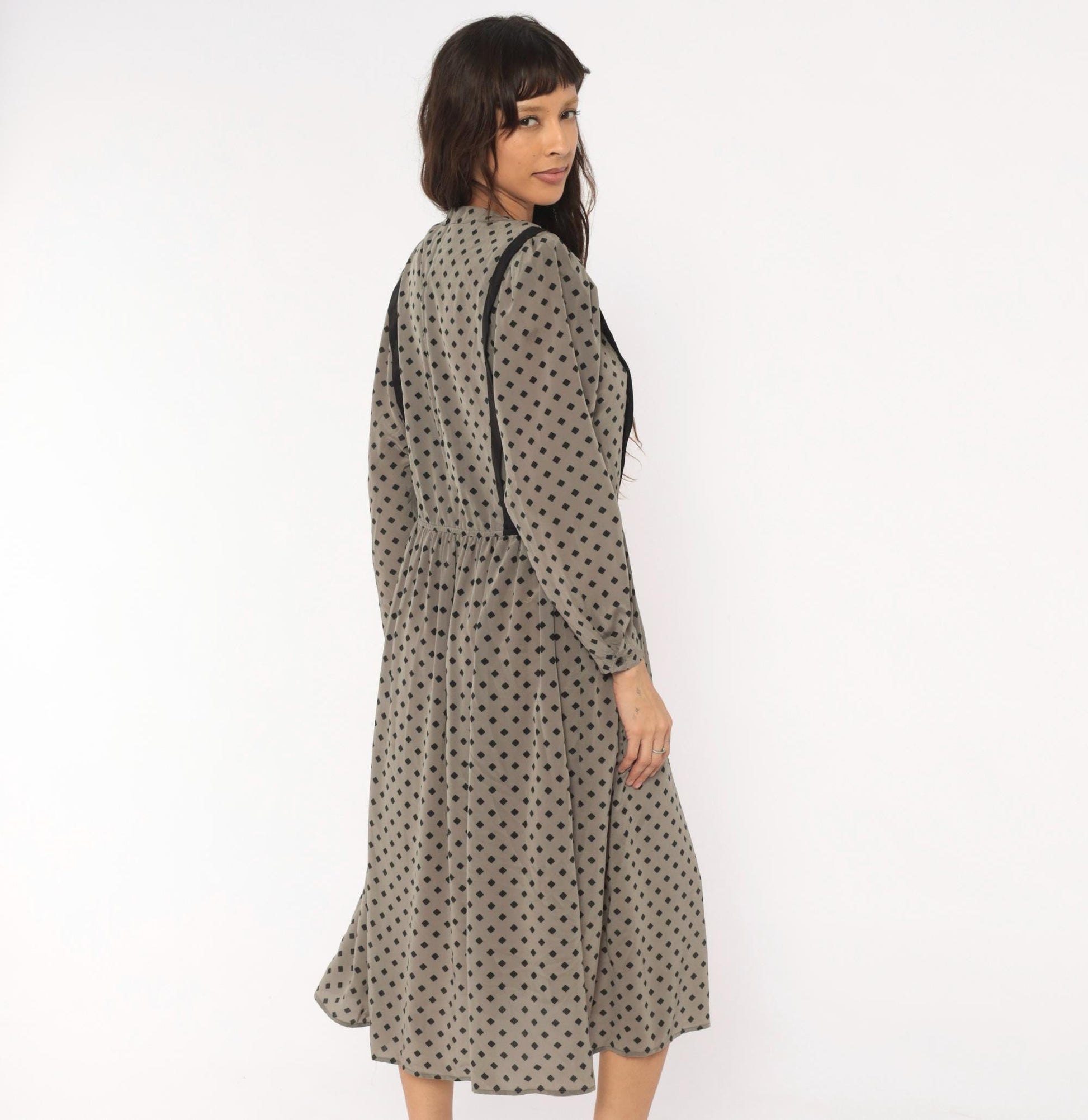 80s Donna Morgan Diamond Print Midi Dress Grey Balloon Sleeve Medium M