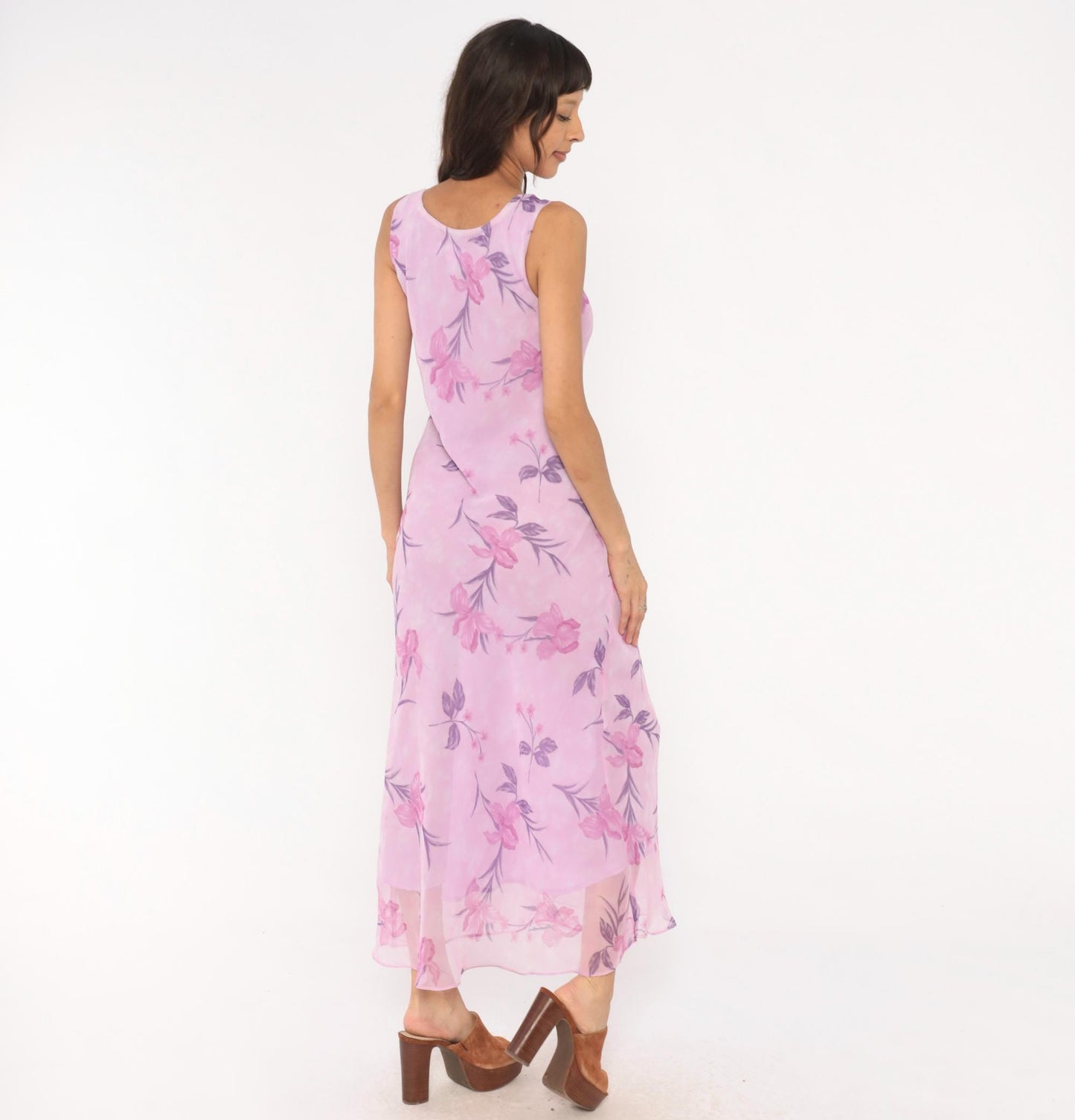 90s Sharon Max Lilac Floral Chiffon Maxi Dress Sleeveless Scoop Neck Small S
