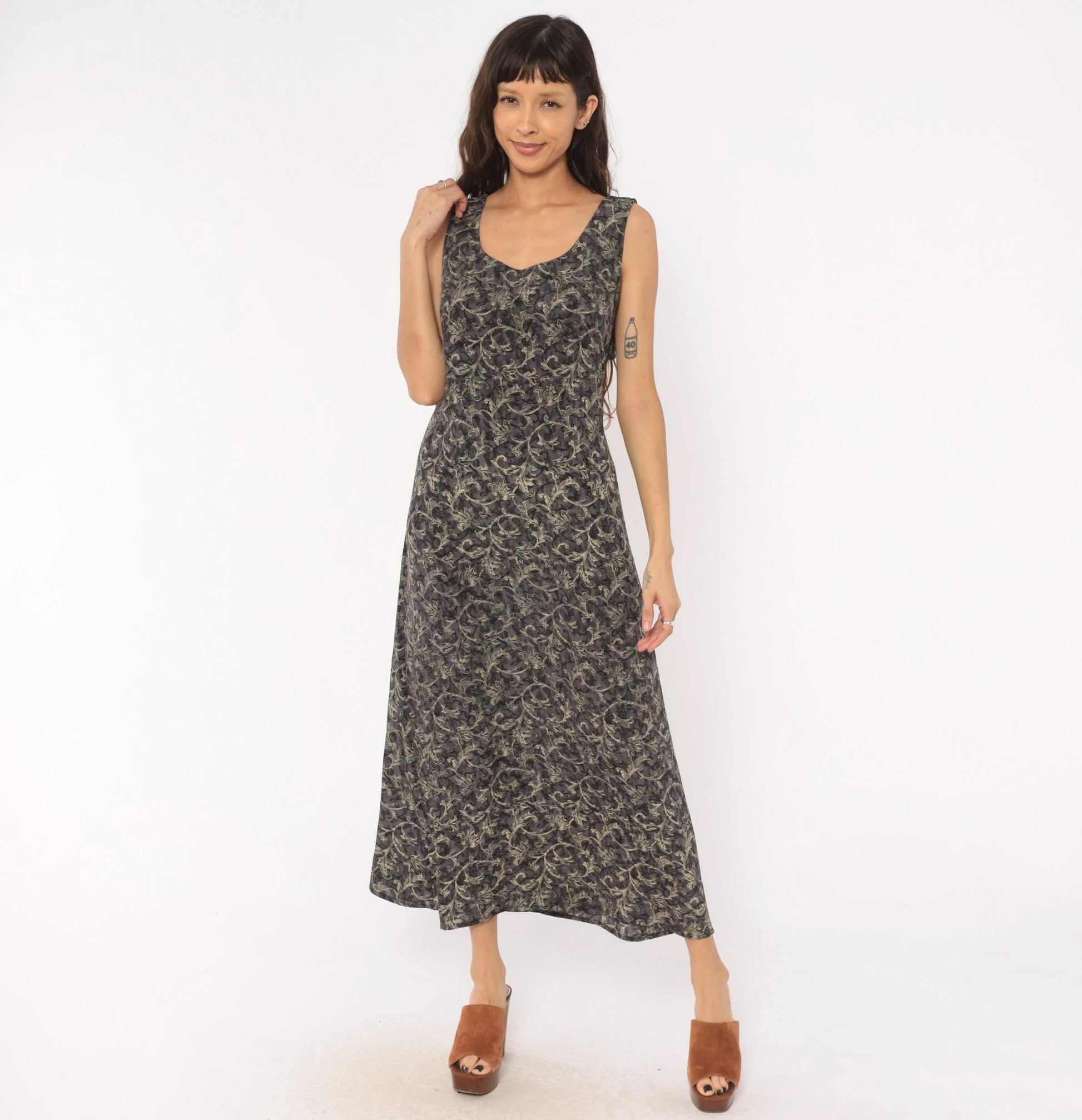 90s Worthington Baroque Maxi Dress Charcoal Floral Tank Tie Back Plus Size 1X