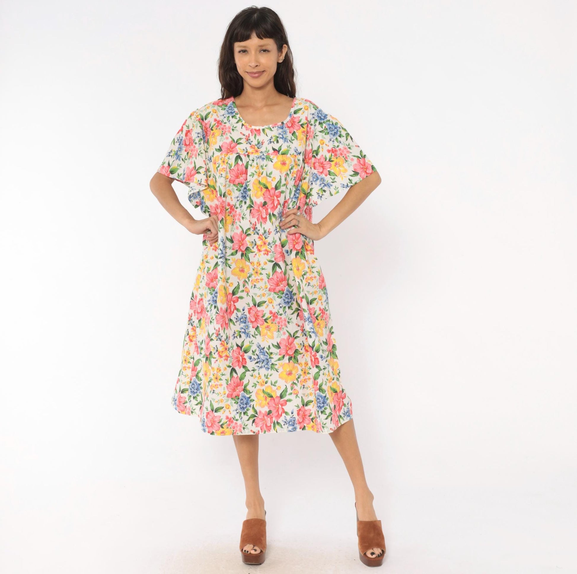 80s Floral Muumuu Dress Pink Yellow Blue Garden Print White Plus Size XXL