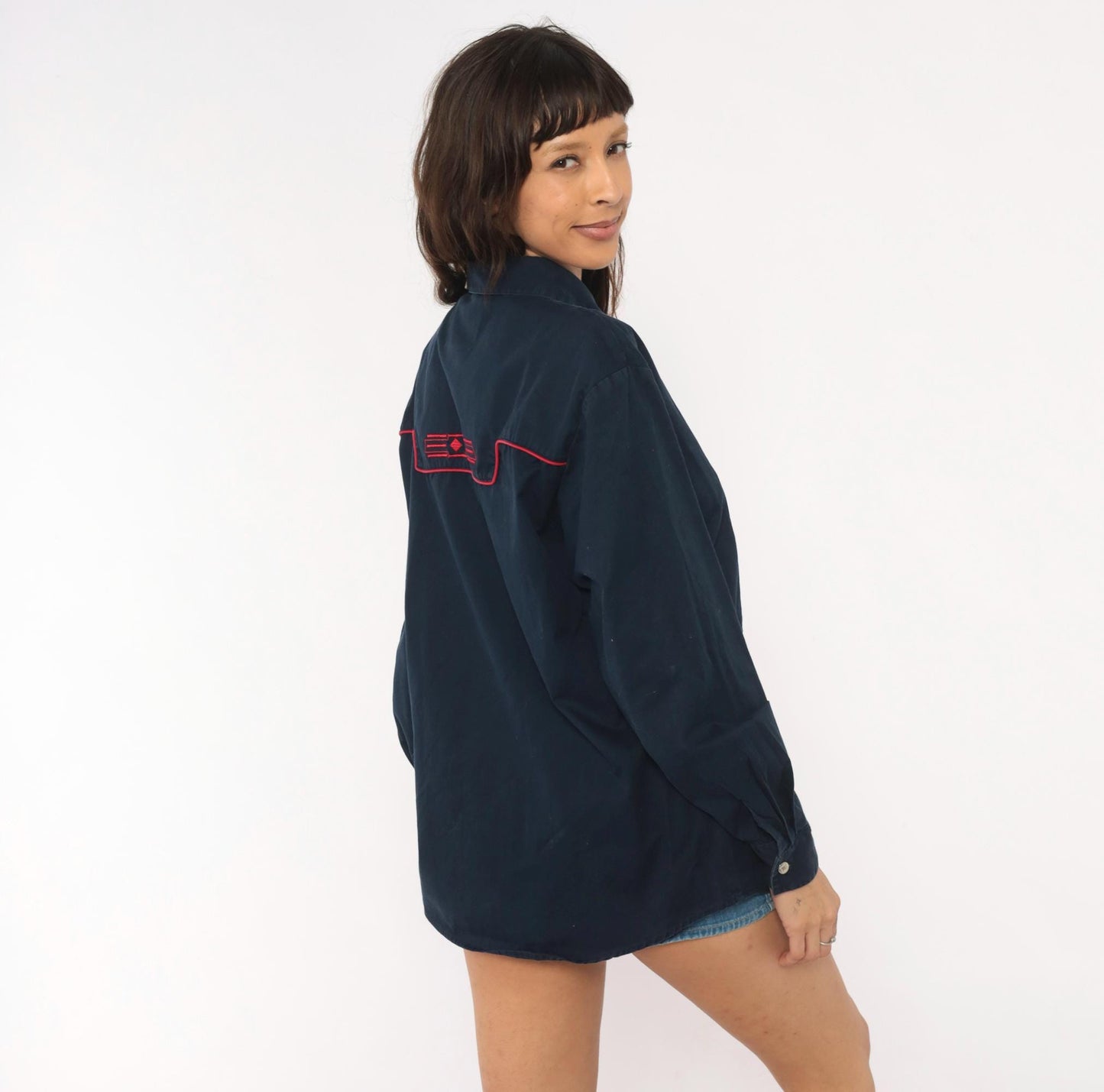90s Wrangler Western Shirt Navy Blue Embroidered Diamond Snap Button Extra Large XL
