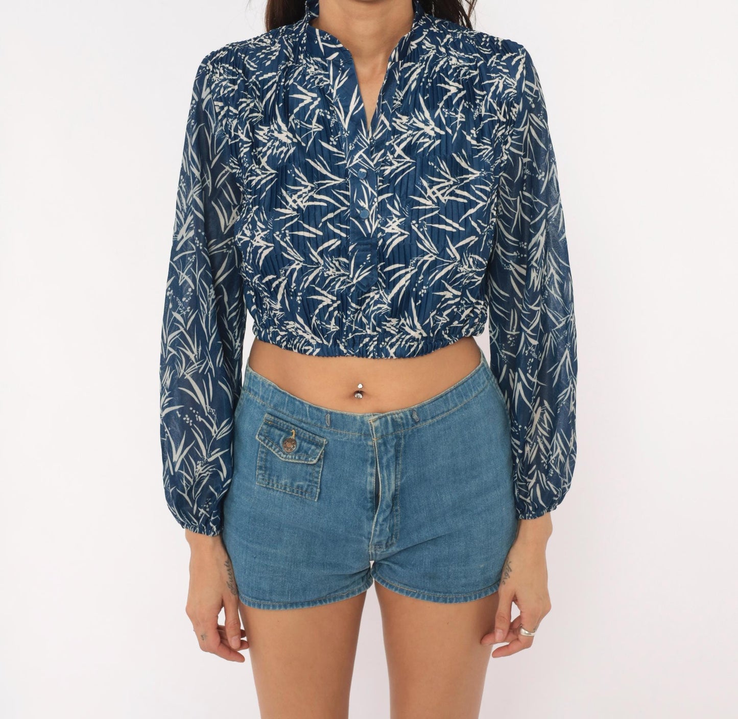 80s Liz Roberts Bamboo Leaf Crop Blouse Navy Mandarin Collar Balloon Sleeve Medium