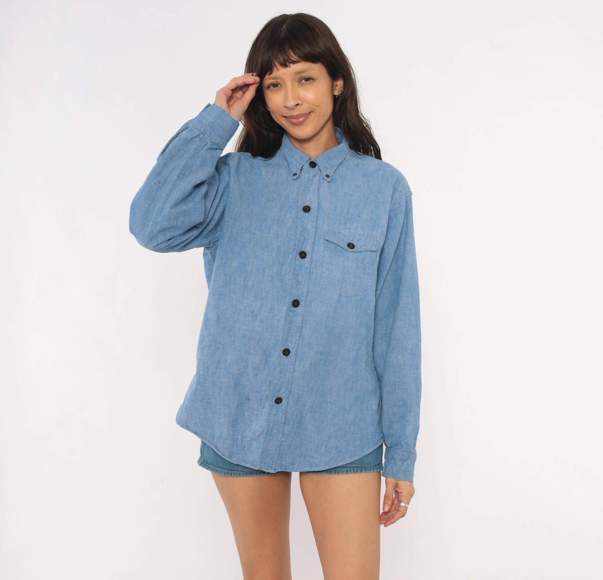 70s Blue Chambray Button Down Shirt Anchor Buttons Cotton Work Wear Medium