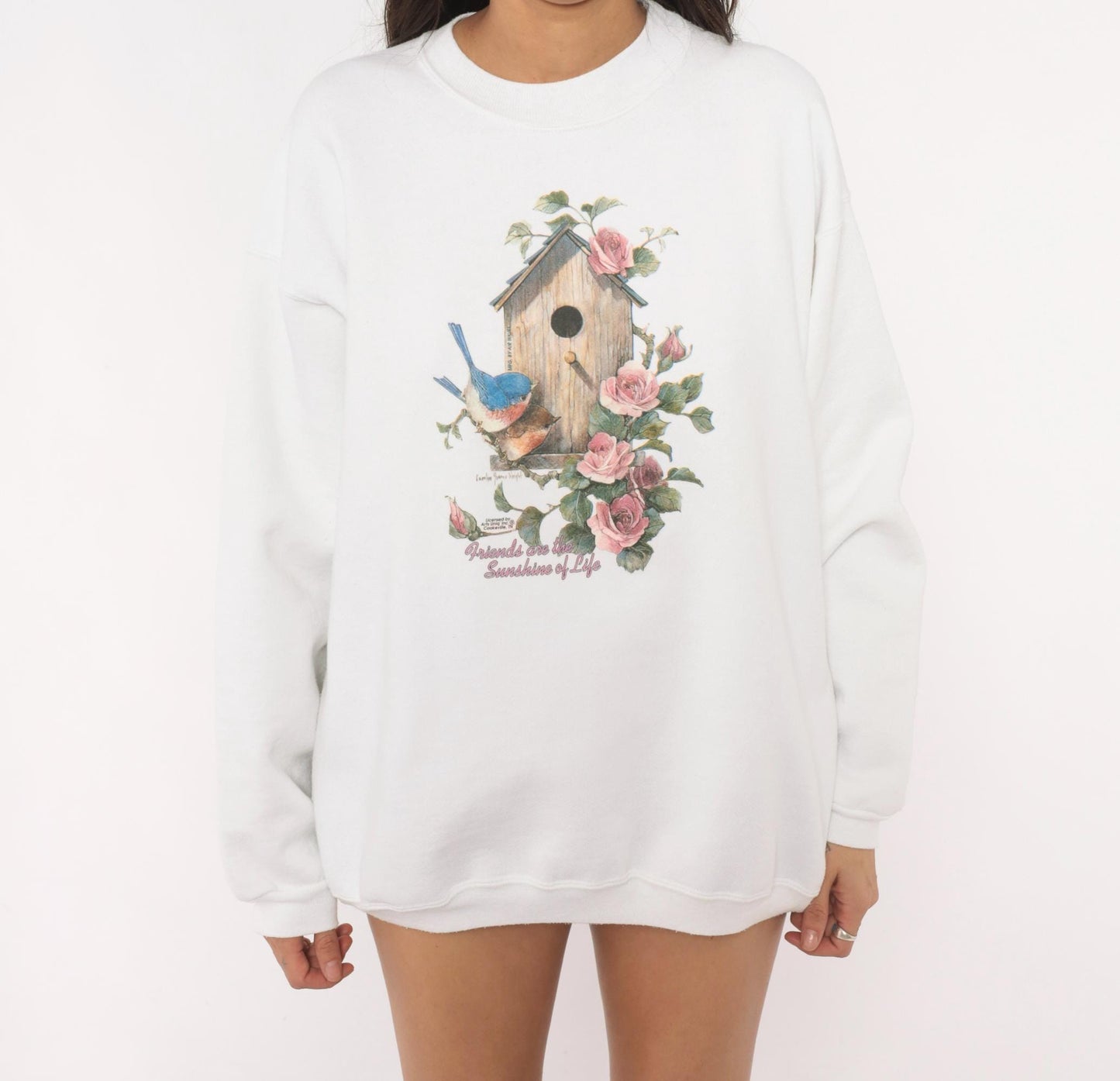 90s Birdhouse Roses Crewneck Sweatshirt White Graphic Floral Extra Large