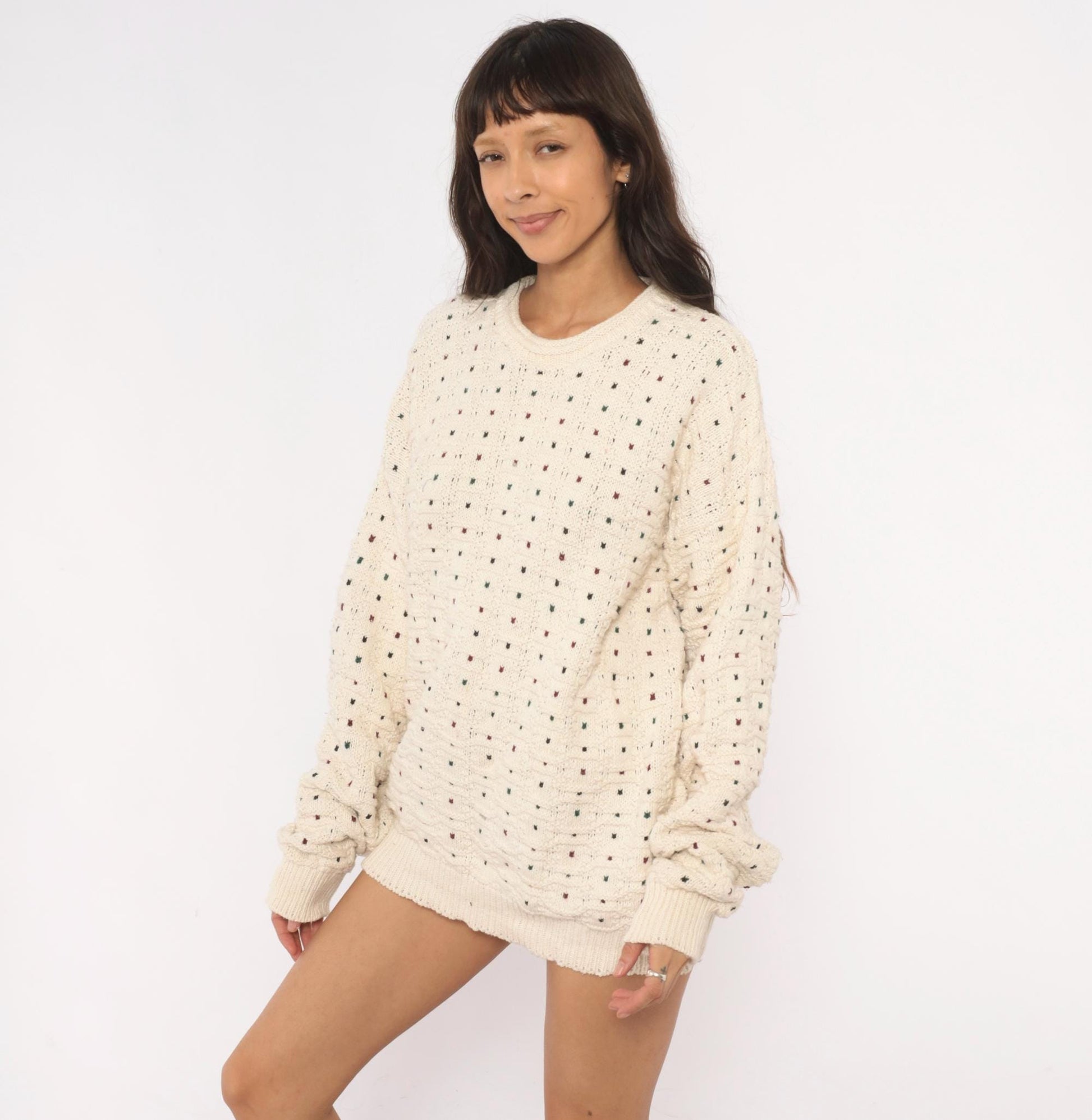 90s CJ Cotton Company Polka Dot Crewneck Sweater Cream Extra Large XL