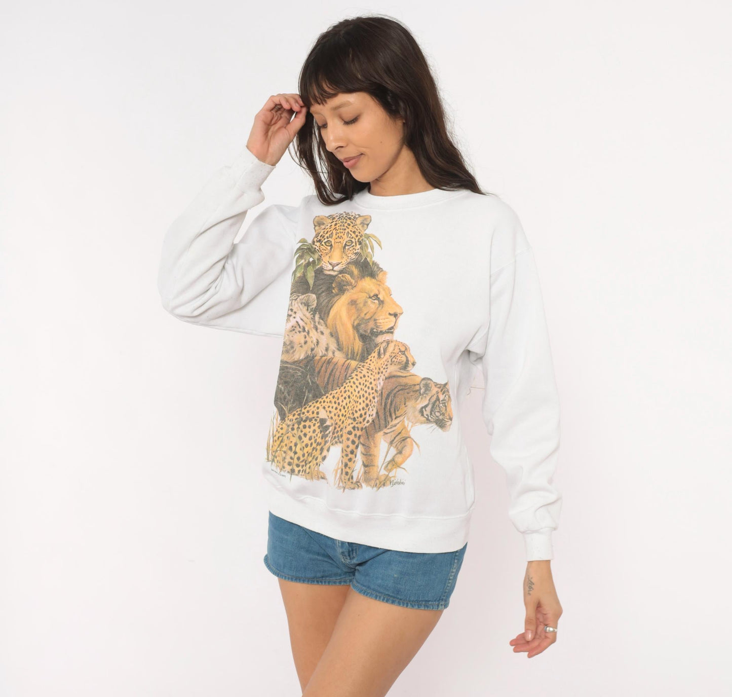 90s Big Cats Wildlife Sweatshirt Lion Leopard Tiger Cheetah White Cotton Medium
