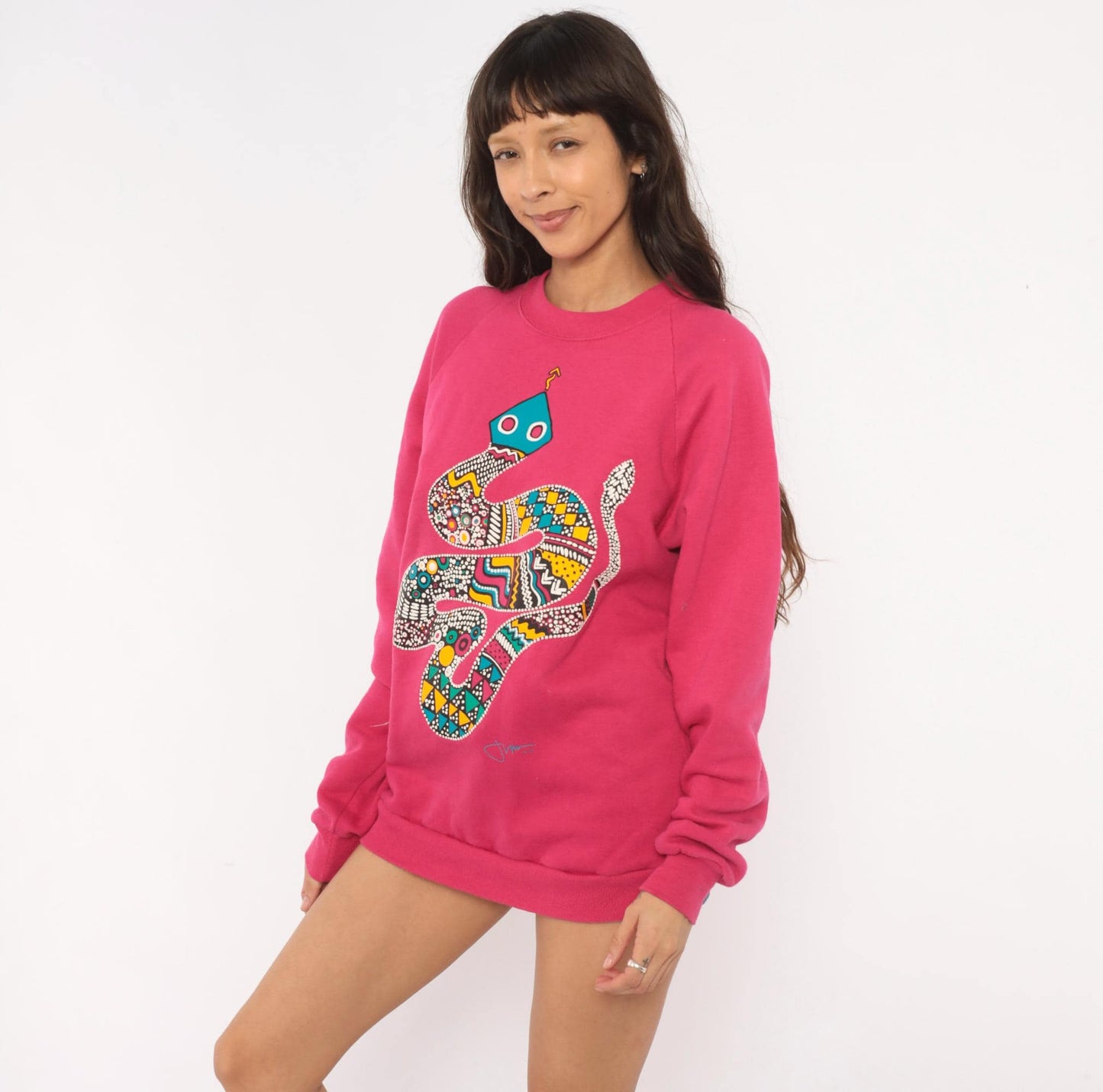 90s National Screenprint Snake Tribal Sweatshirt Hot Pink Raglan Large
