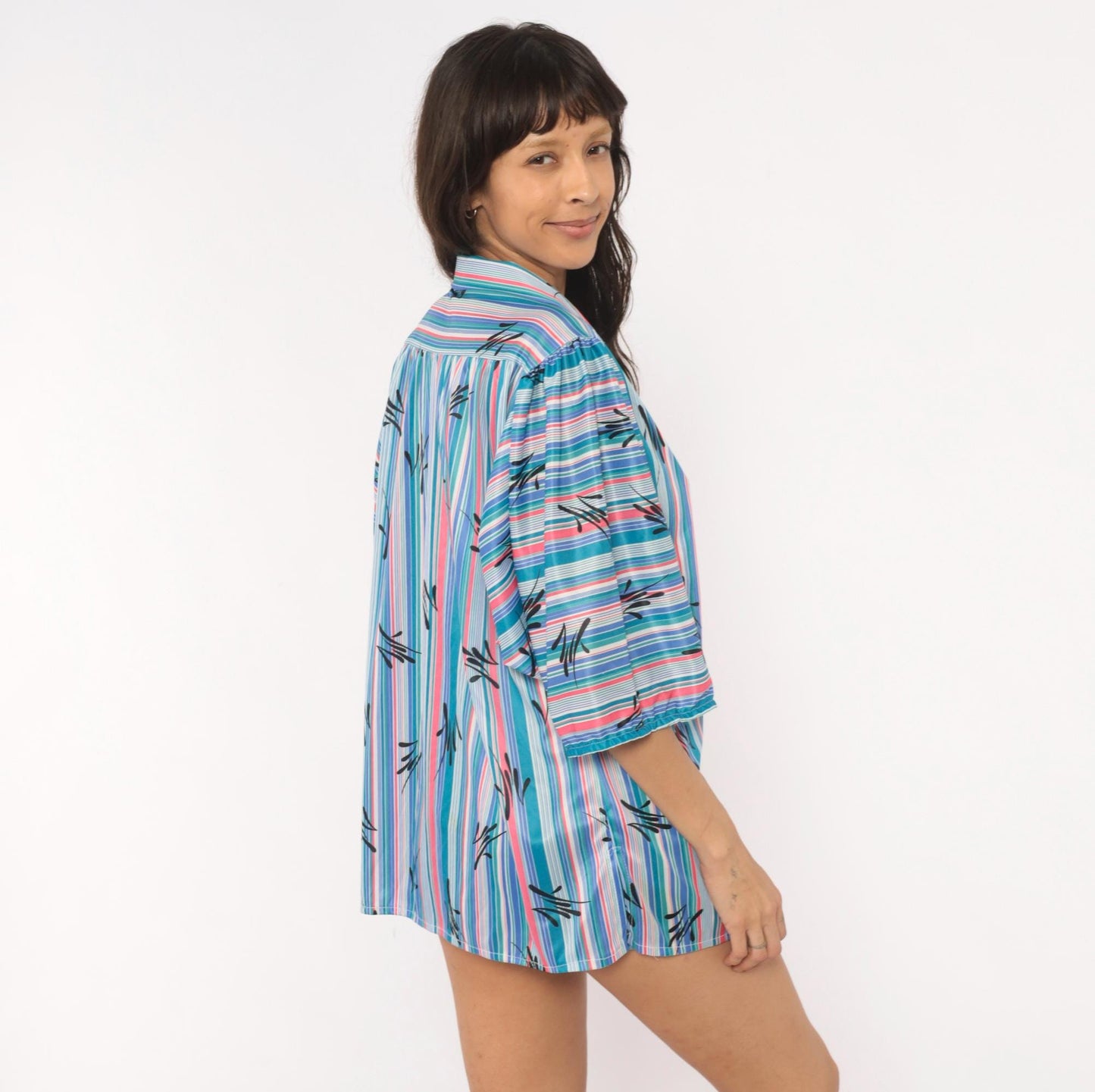 70s Illusions Striped Button Blouse Teal Pink Leaf Print Puff Sleeve Large