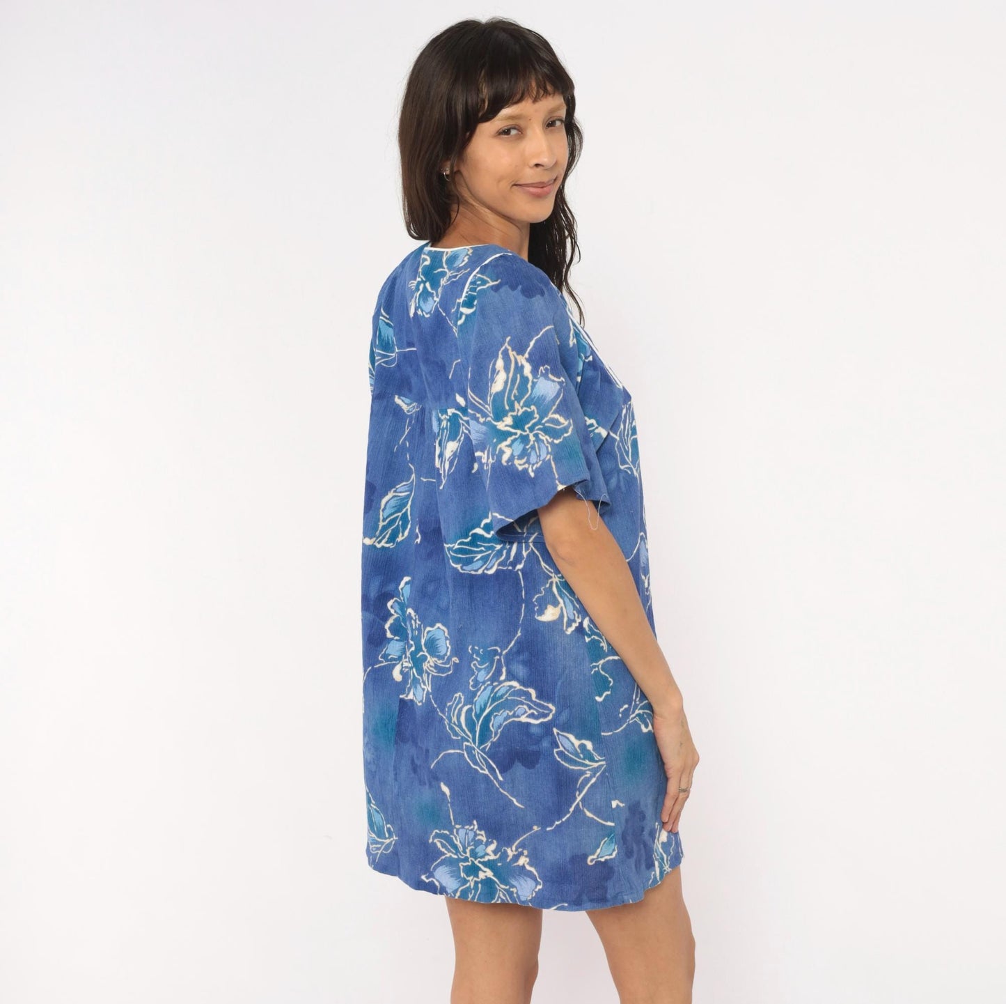 80s Sidan Blue Floral Shift Dress Flutter Sleeve Empire Waist Medium M