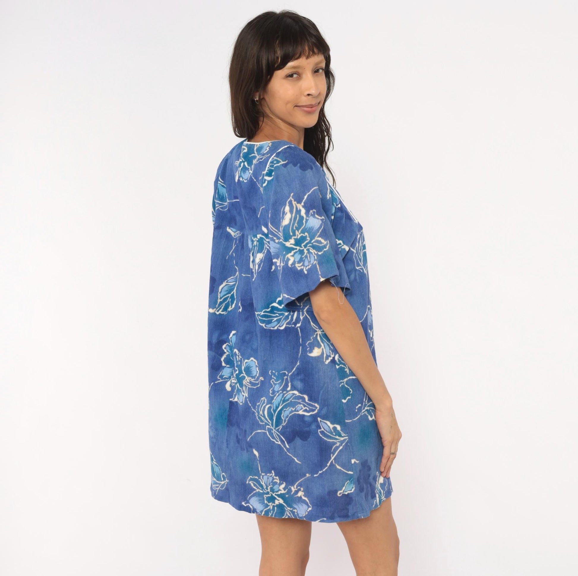 80s Sidan Blue Floral Shift Dress Flutter Sleeve Empire Waist Medium M