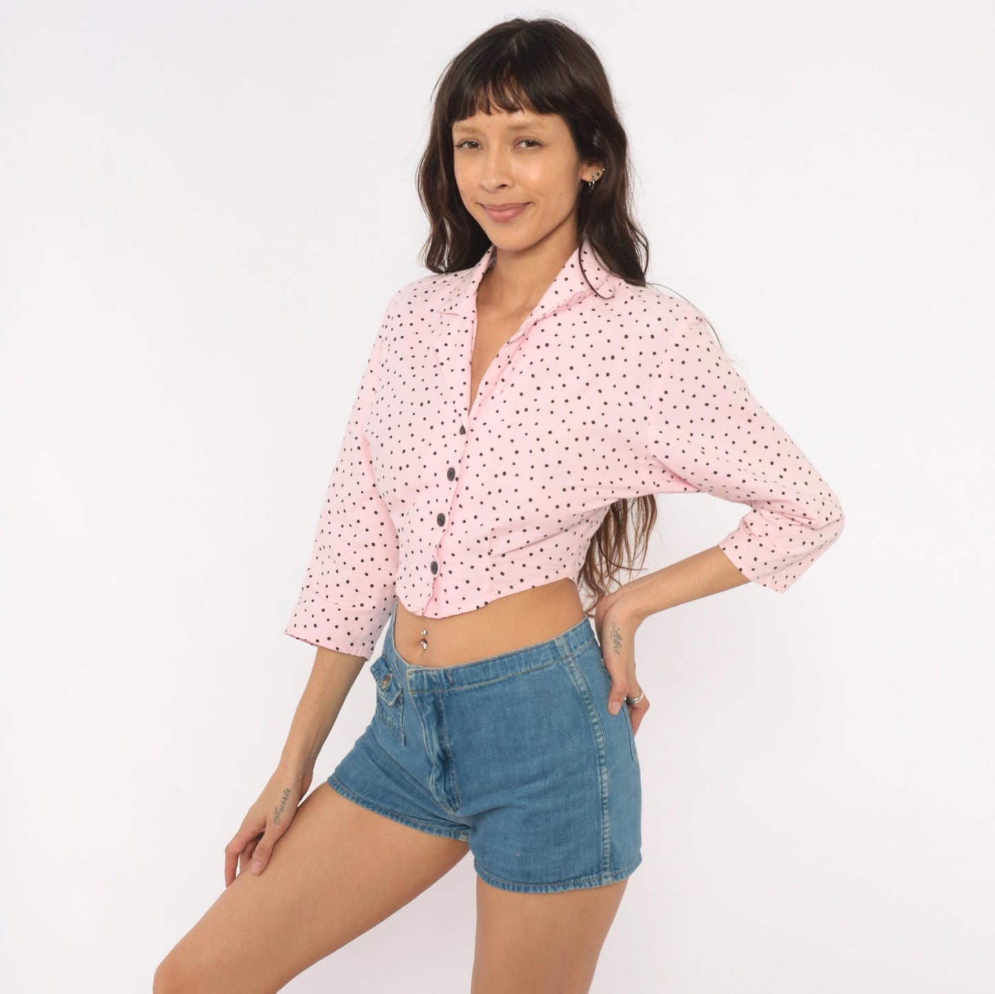 90s Sitting Pretty Pink Black Polka Dot Crop Top Cotton Button Front Small S