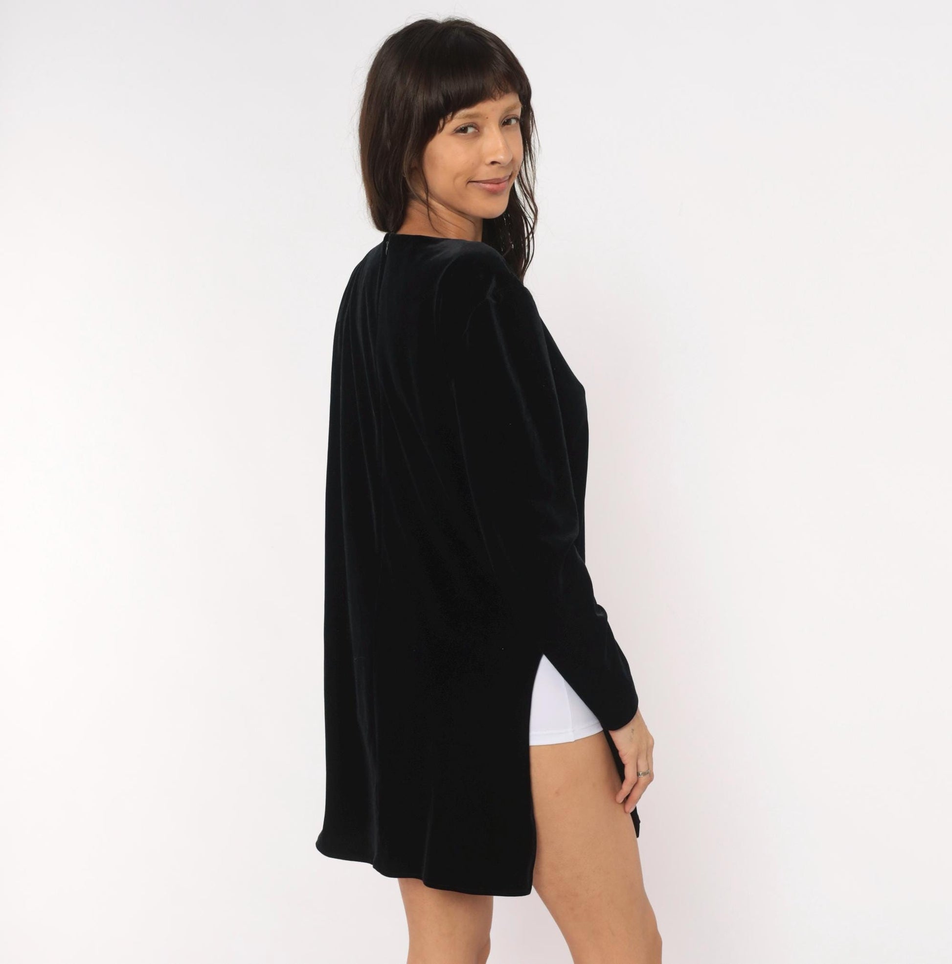 90s Hillard & Hanson Black Velvet Mini Dress Brass Buttons Long Sleeve Large