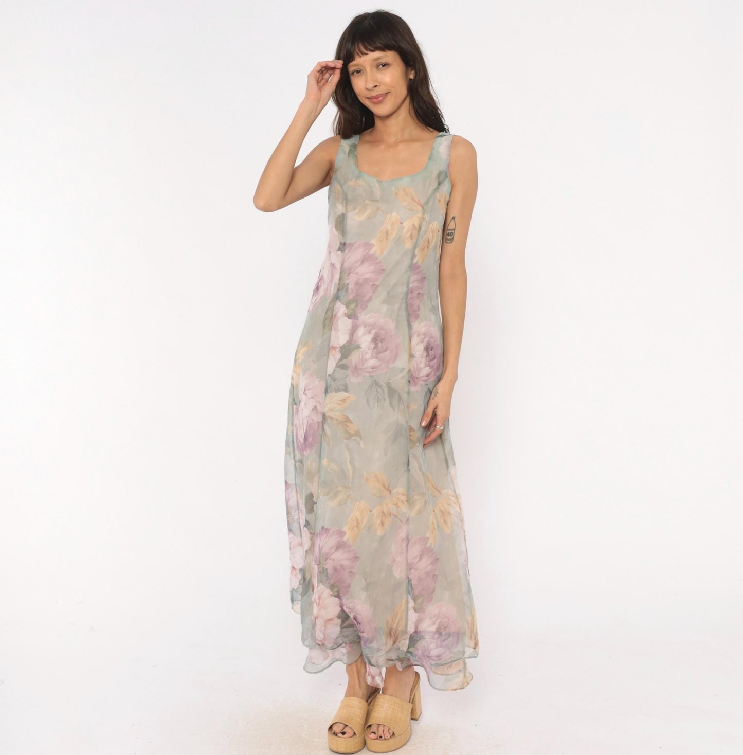 90s Hampton Nites Floral Maxi Dress Sage Pink Chiffon Sleeveless Medium M