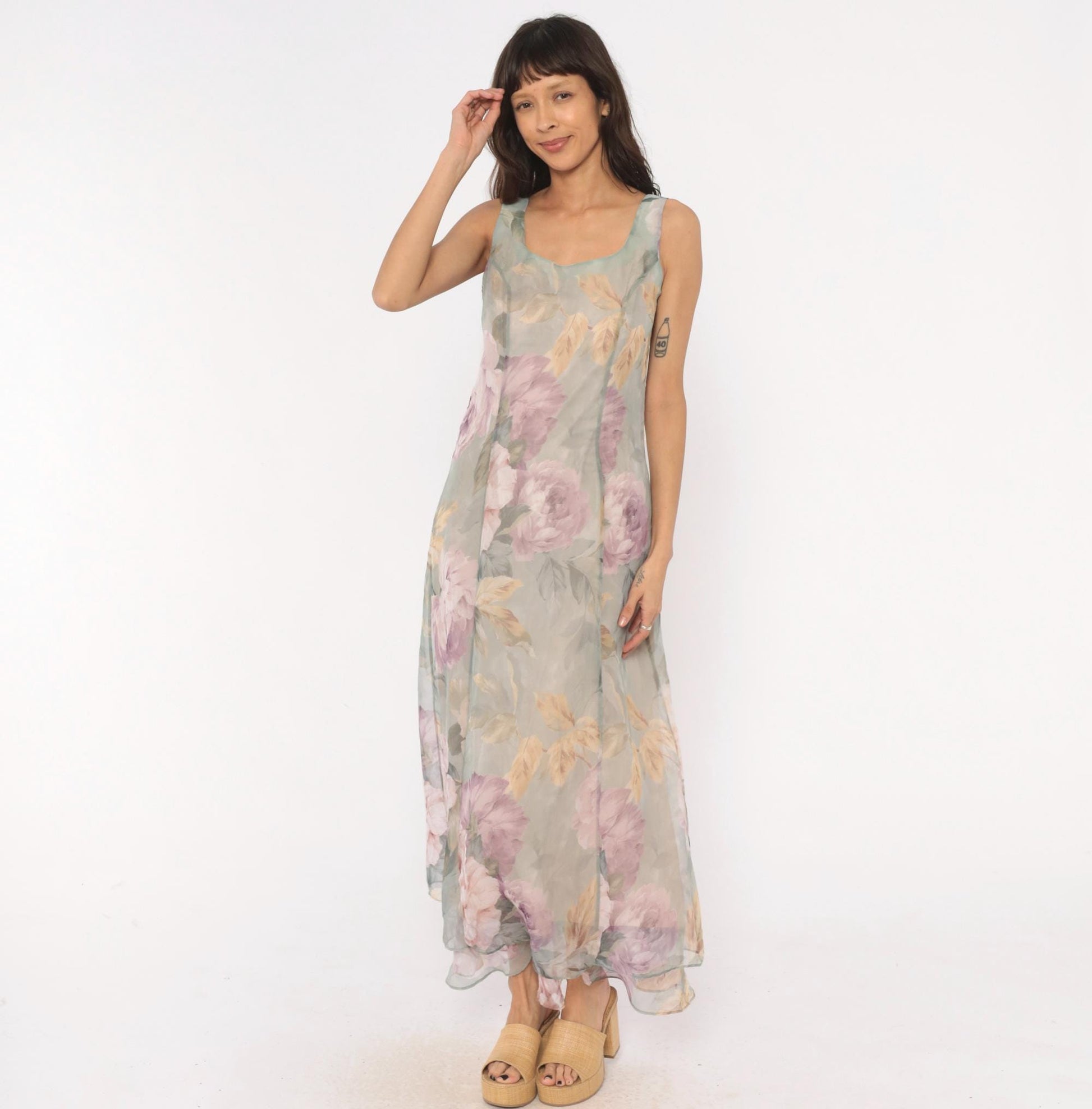 90s Hampton Nites Floral Maxi Dress Sage Pink Chiffon Sleeveless Medium M