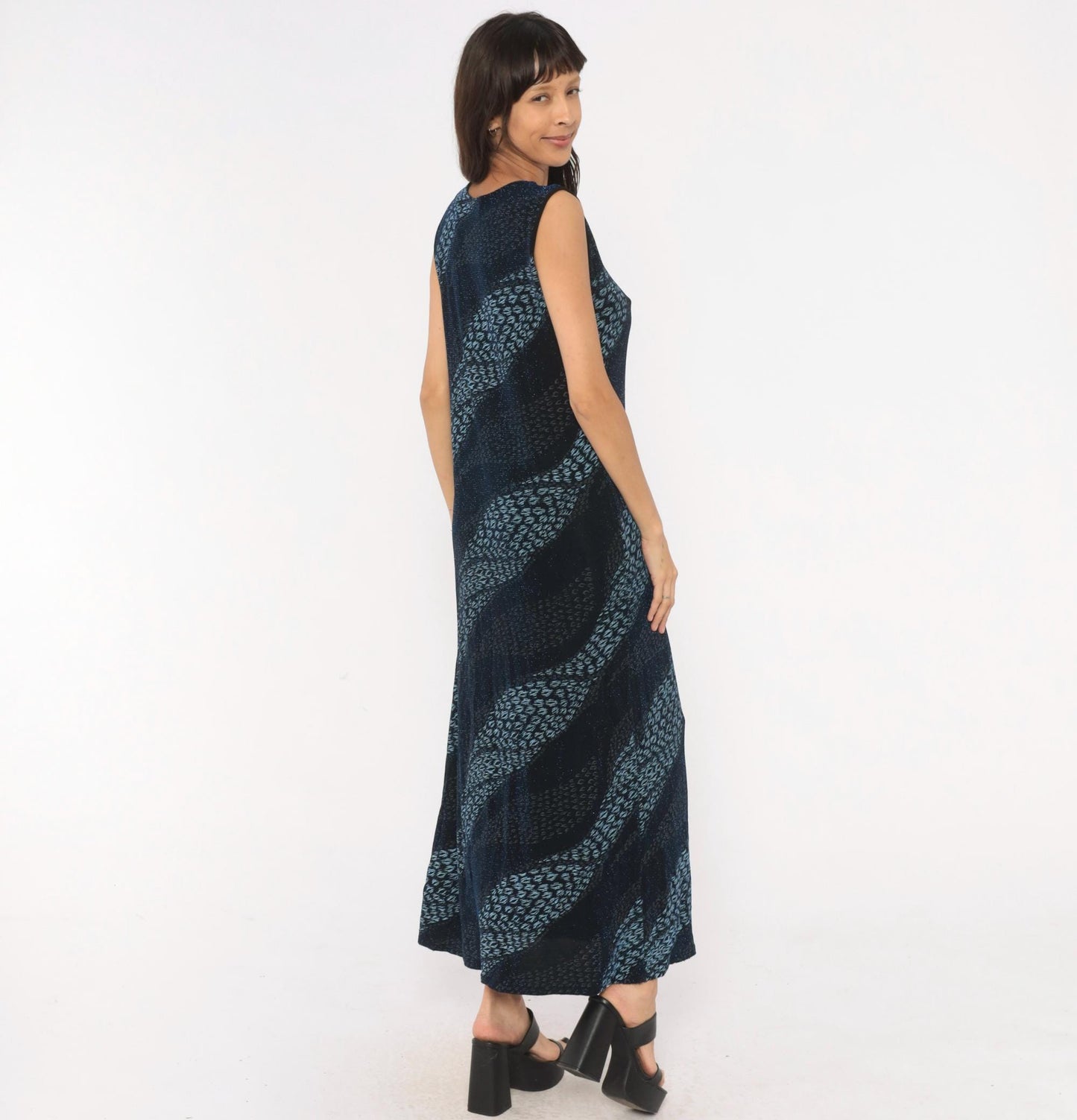 90s Black Blue Leopard Stripe Maxi Dress Sleeveless V Neck Extra Large XL