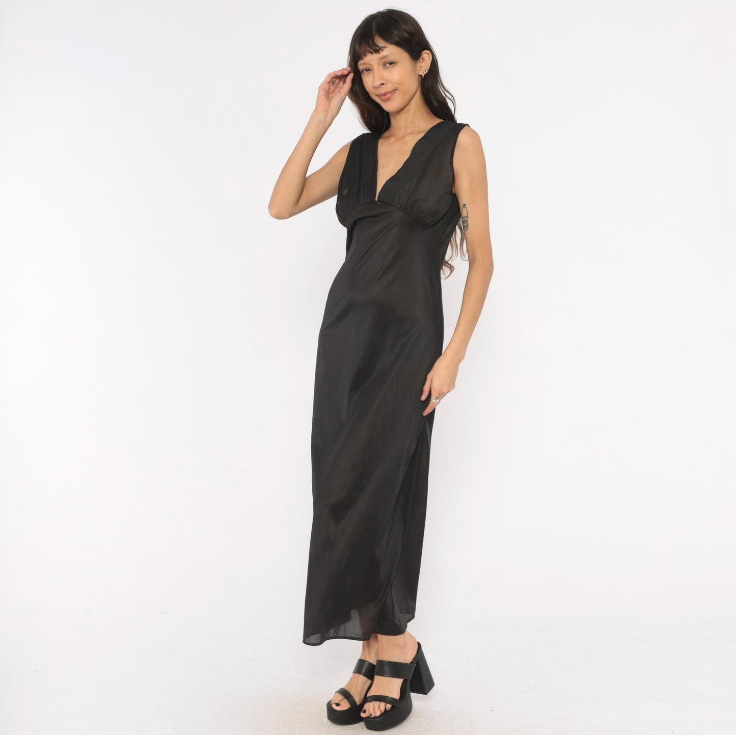 90s Black Sheer Maxi Slip Dress Deep V Neck Empire Waist Medium