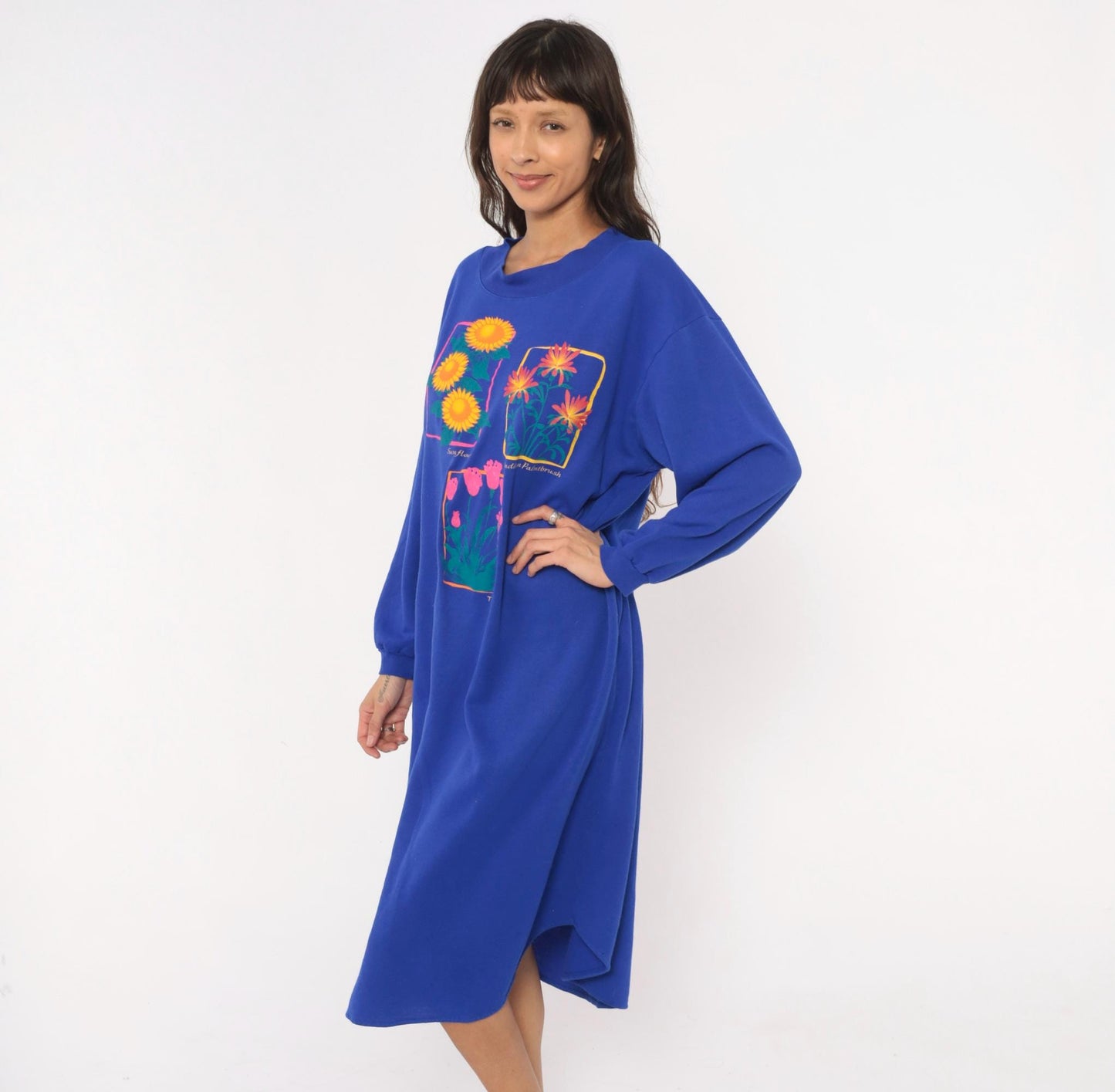 90s Leisure Wear Floral Sweatshirt Dress Cobalt Blue Balloon Sleeve Midi
