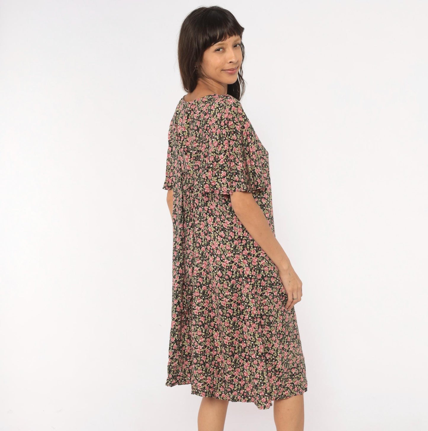 90s Ulterior Motives Floral Dress Black Pink Rose Print V Neck Flutter Sleeve Knee Length Large