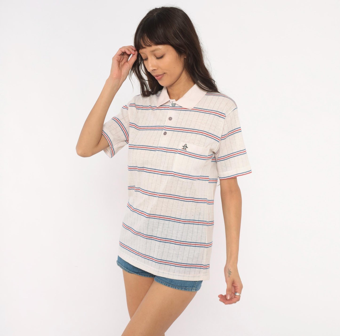 80s Grand Slam Penguin Striped Polo Shirt Red Navy Cream Medium